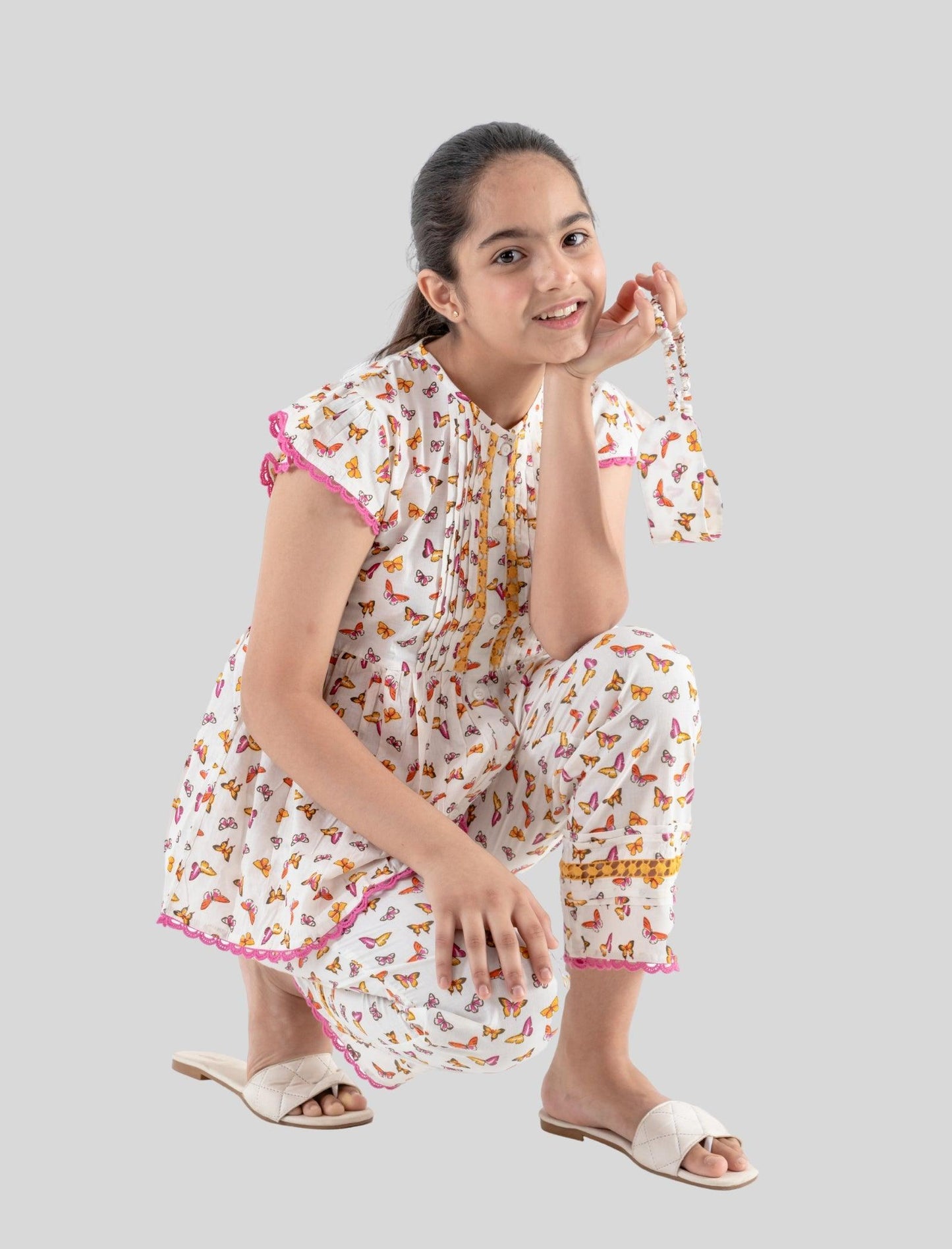 Butterfly Cotton Night Dress for Girls Kids with Eyemask (Off White) - Tweeny Mini