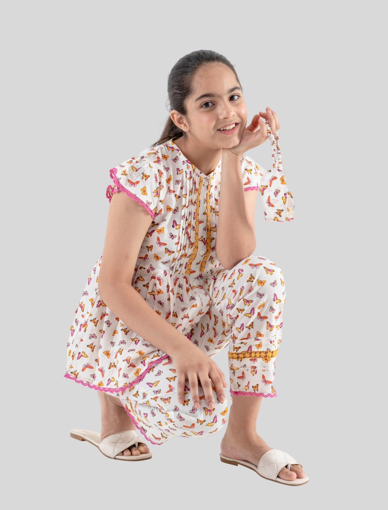 Butterfly Cotton Night Dress for Girls Kids with Eyemask (Off White) - Tweeny Mini