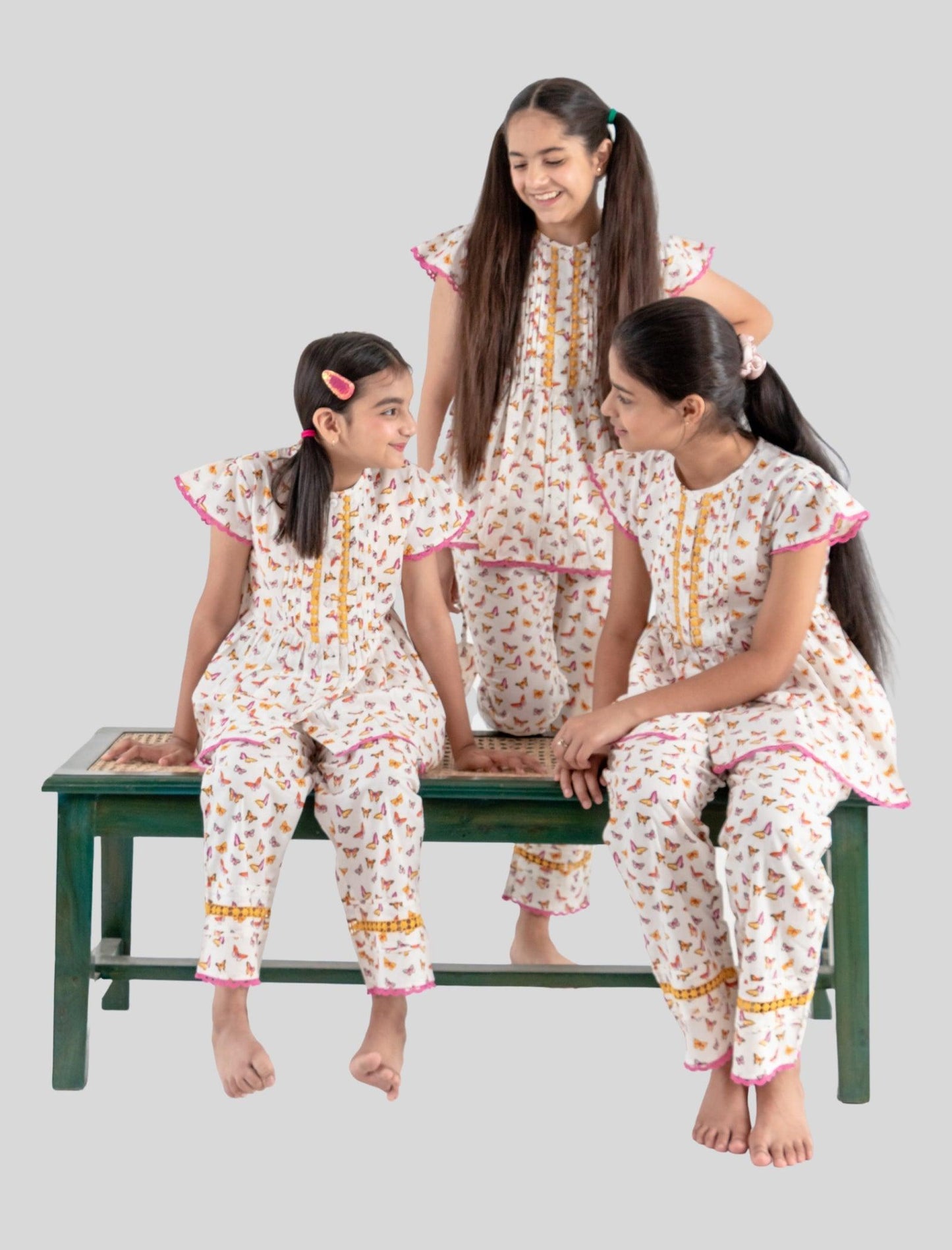 Butterfly Cotton Night Dress for Girls Kids with Eyemask (Off White) - Tweeny Mini