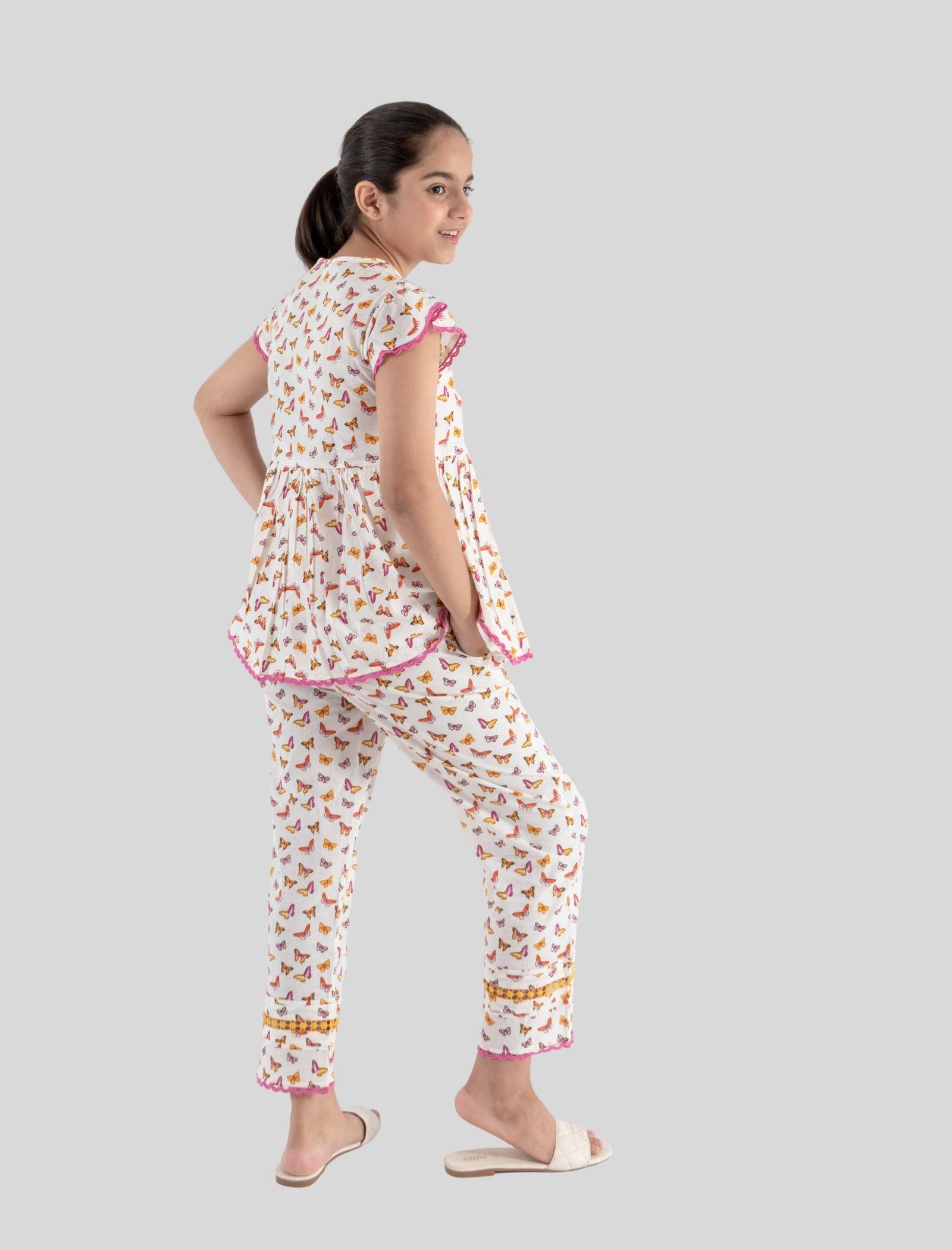 Butterfly Cotton Night Dress for Girls Kids with Eyemask (Off White) - Tweeny Mini