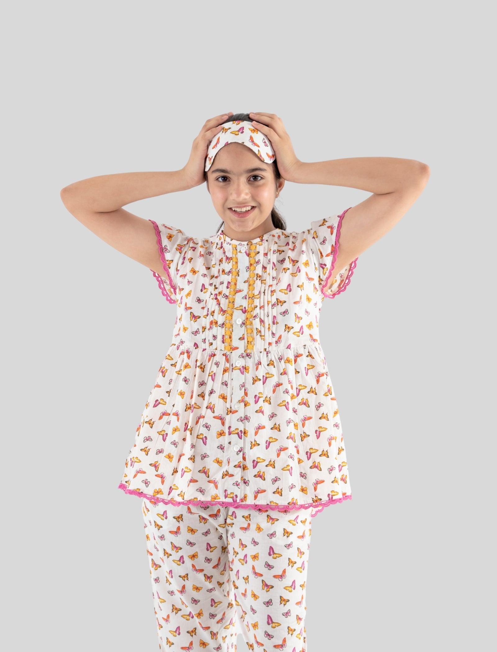 Butterfly Cotton Night Dress for Girls Kids with Eyemask (Off White) - Tweeny Mini