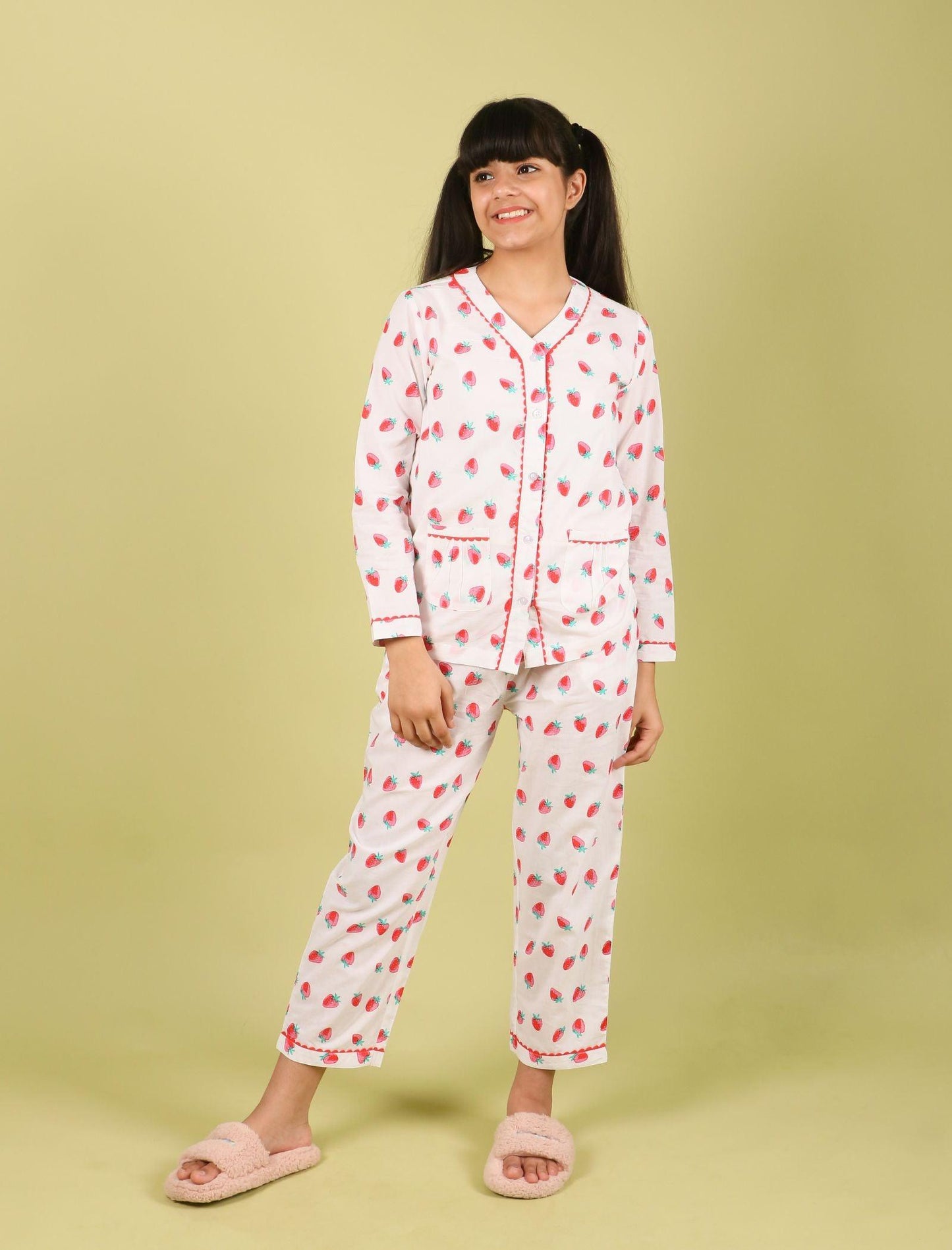 Strawberry Printed Pure Cotton Nightsuit for Girls (Red) - Tweeny Mini