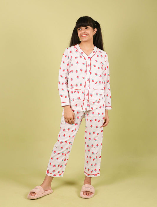 Strawberry Printed Pure Cotton Nightsuit for Girls (Red) - Tweeny Mini