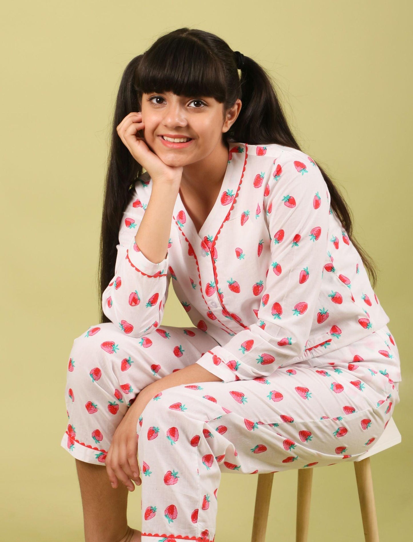 Strawberry Printed Pure Cotton Nightsuit for Girls (Red) - Tweeny Mini