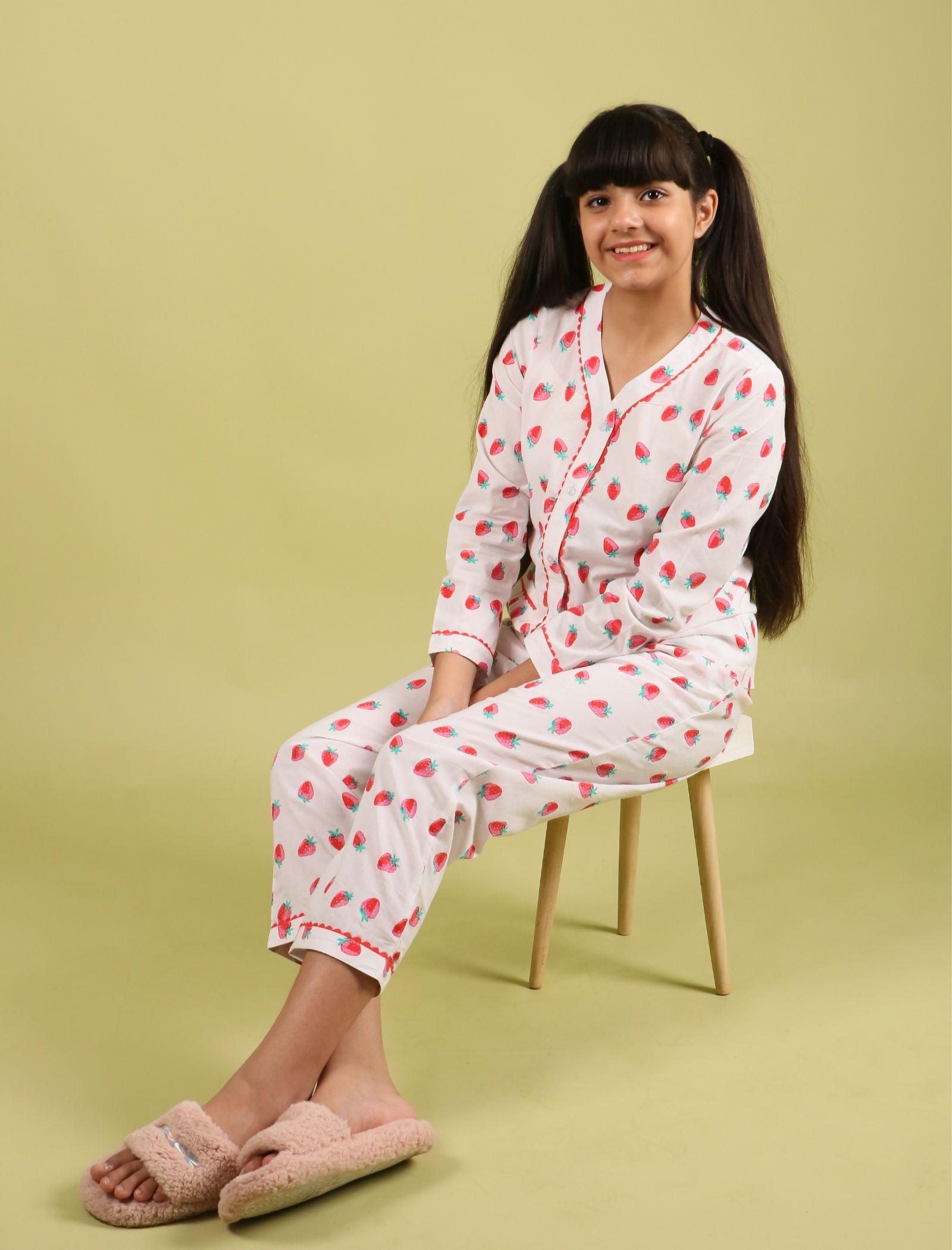 Strawberry Printed Pure Cotton Nightsuit for Girls (Red) - Tweeny Mini