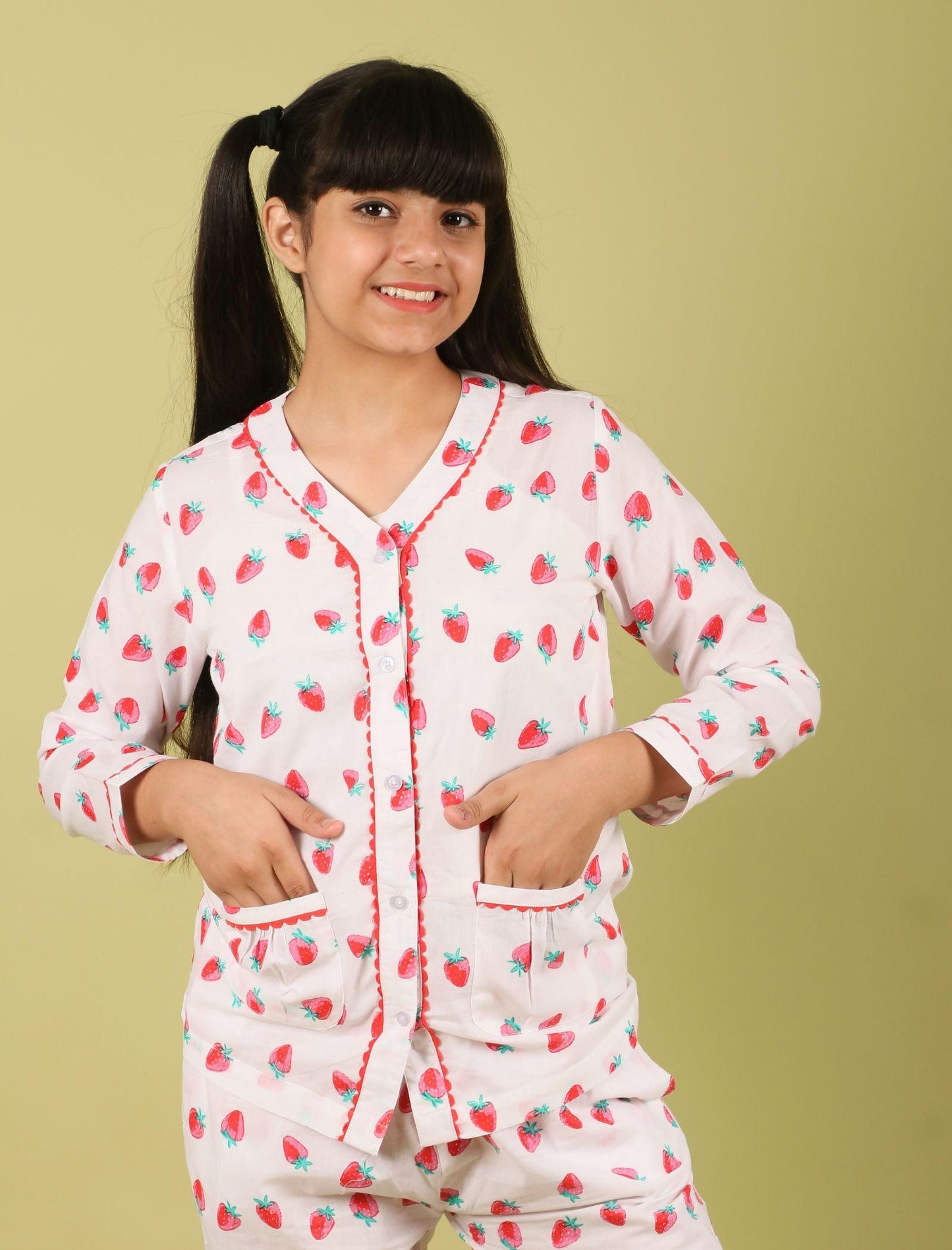 Strawberry Printed Pure Cotton Nightsuit for Girls (Red) - Tweeny Mini