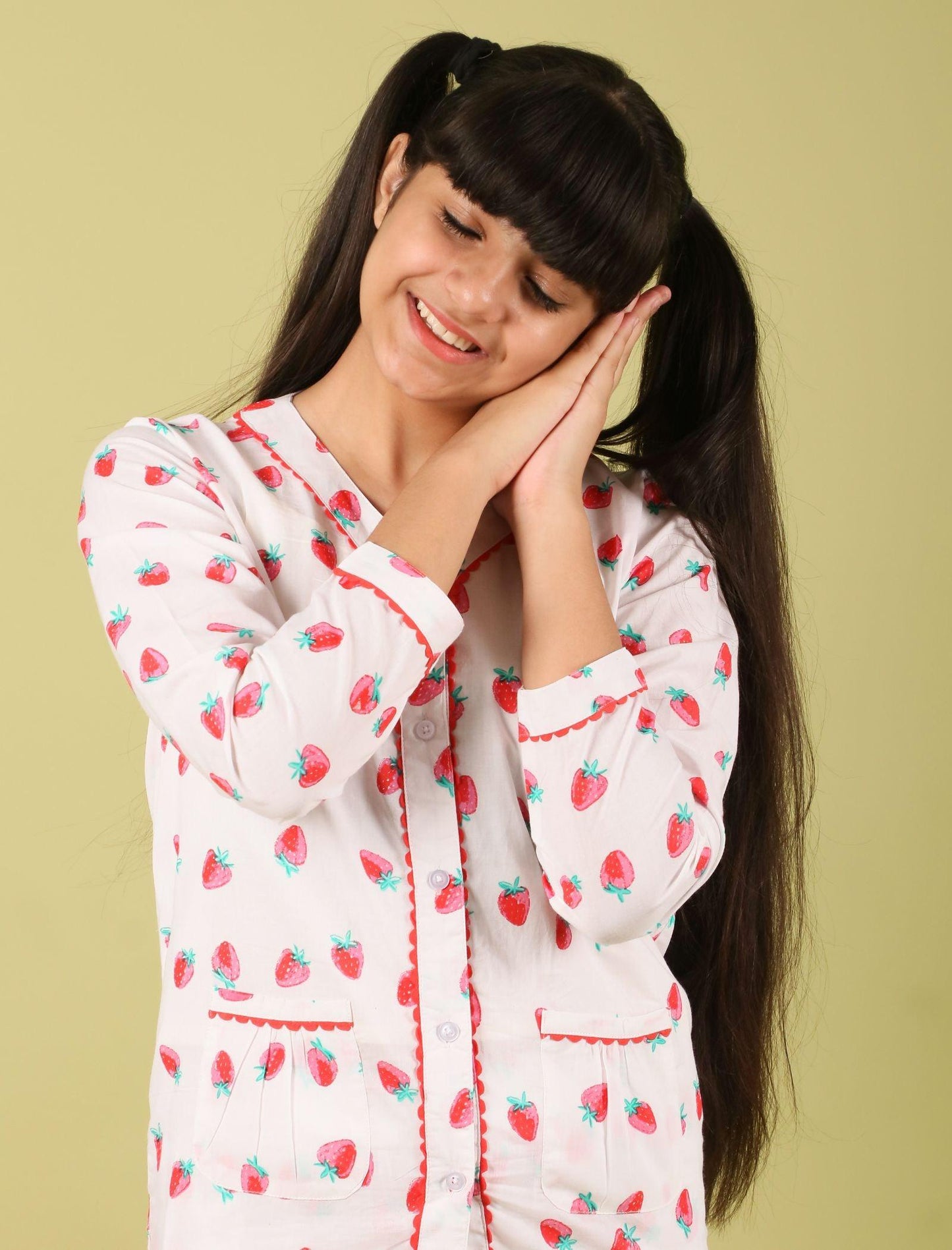 Strawberry Printed Pure Cotton Nightsuit for Girls (Red) - Tweeny Mini