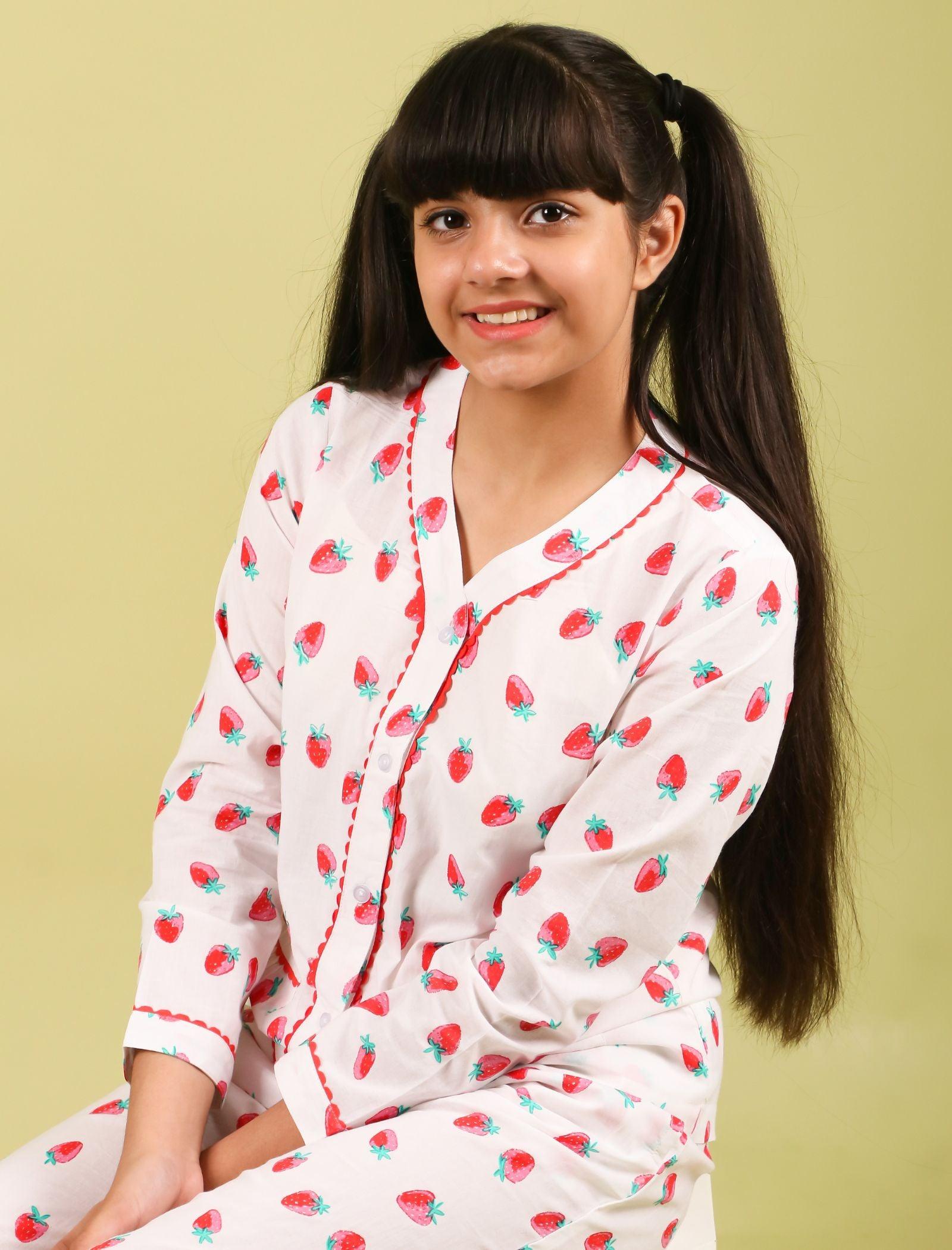 Strawberry Printed Pure Cotton Nightsuit for Girls (Red) - Tweeny Mini