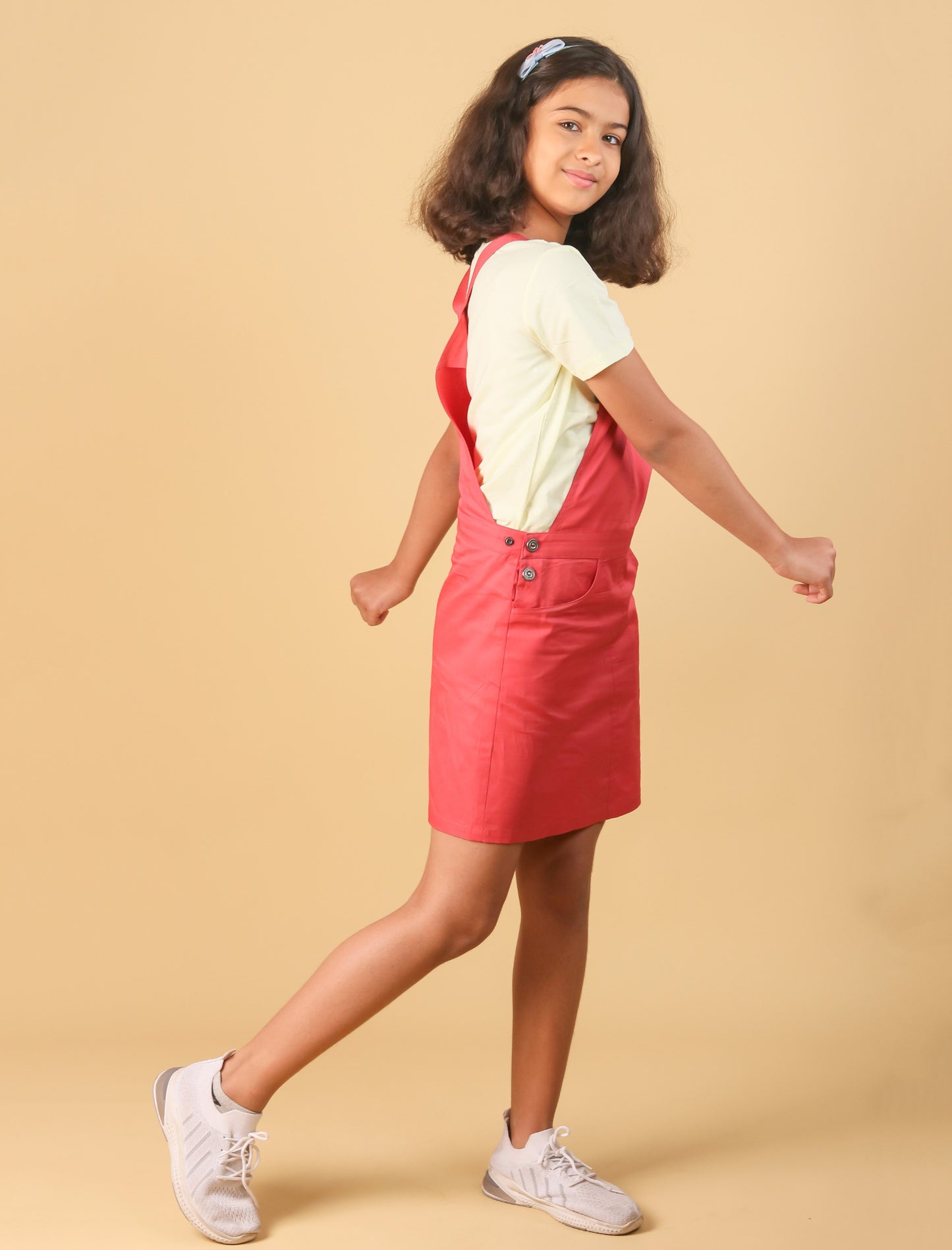 Premium Twill Cotton Pinafore Dress for Girls Kids (Melon Red) - Tweeny Mini