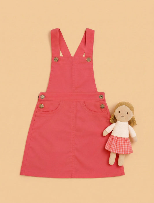 Premium Twill Cotton Pinafore Dress for Girls Kids (Melon Red)