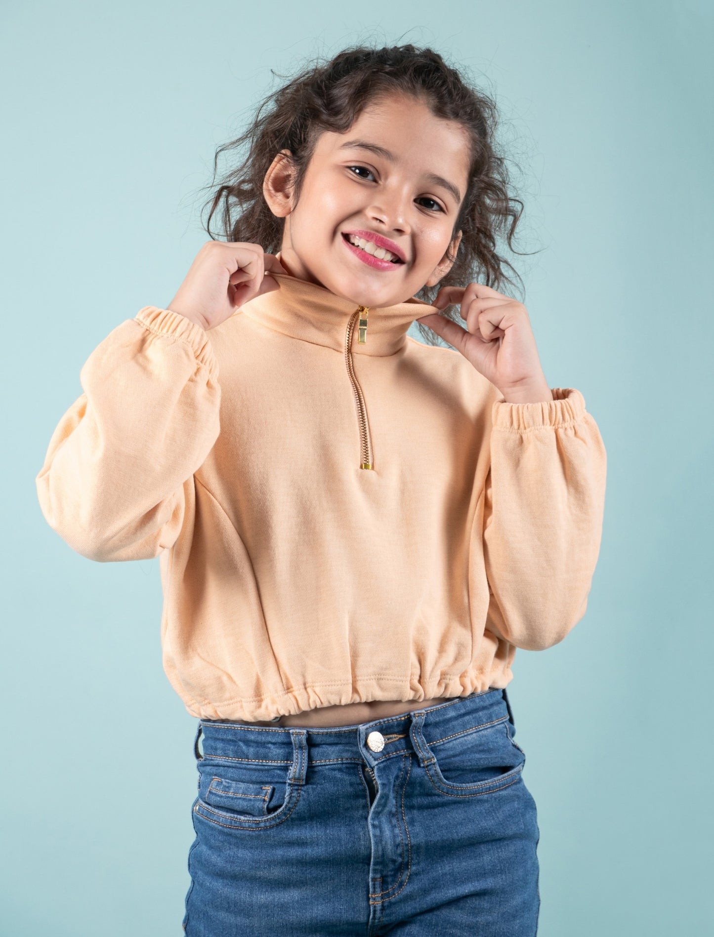 Premium Terry Cotton Zippered Sweatshirt for Girls Kids (Peach) - Tweeny Mini