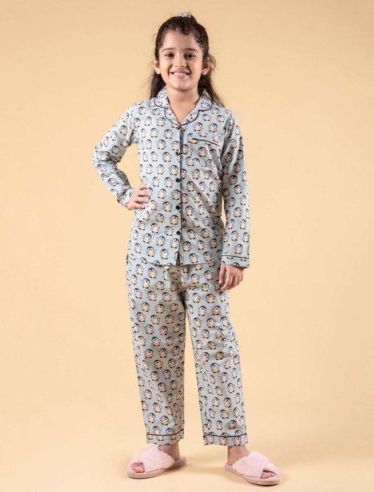 Penguin Printed Cotton Sleepwear For Girls Kids Pyjama Set (Full Sleeves, Blue) - Tweeny Mini