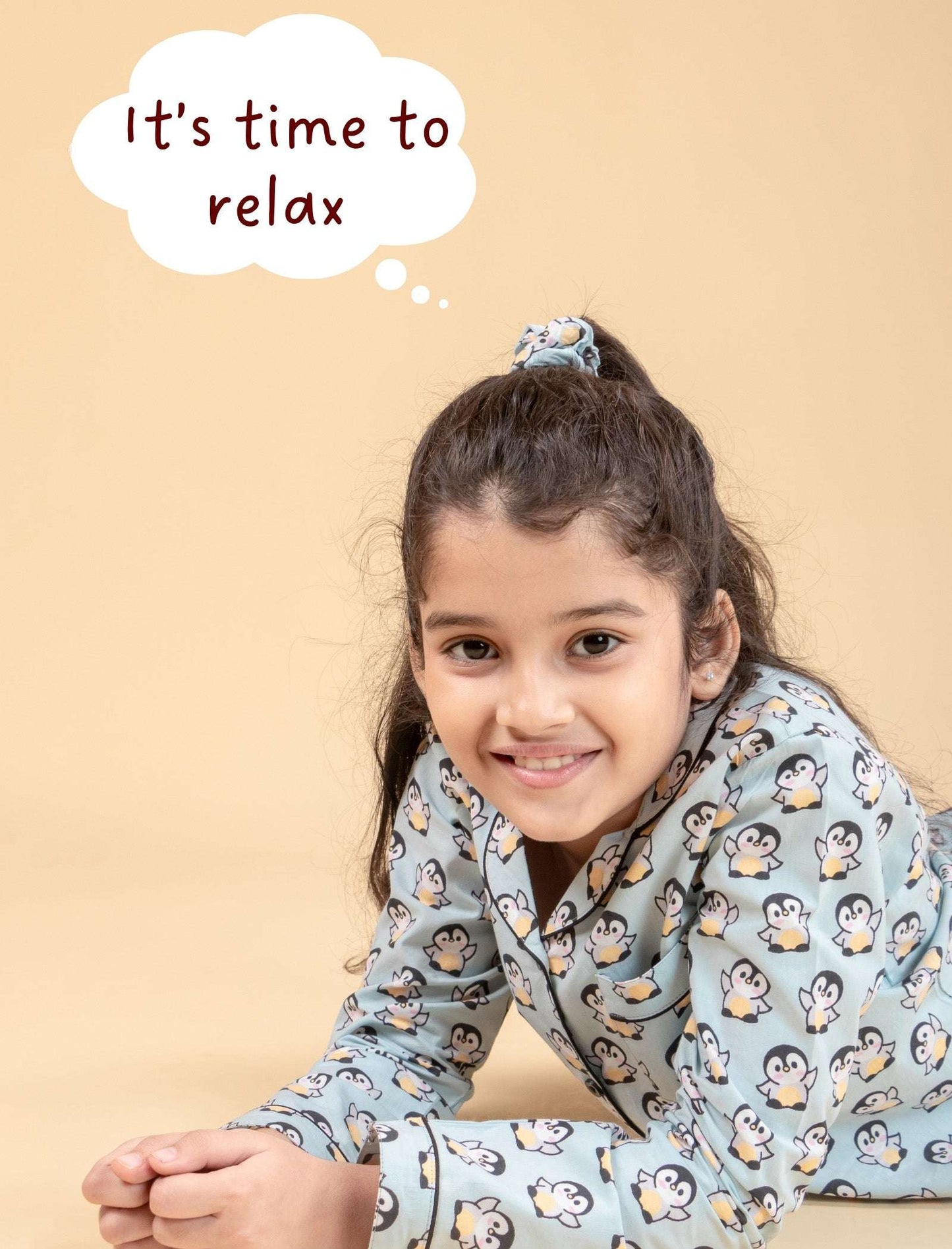 Penguin Printed Cotton Sleepwear For Girls Kids Pyjama Set (Full Sleeves, Blue) - Tweeny Mini