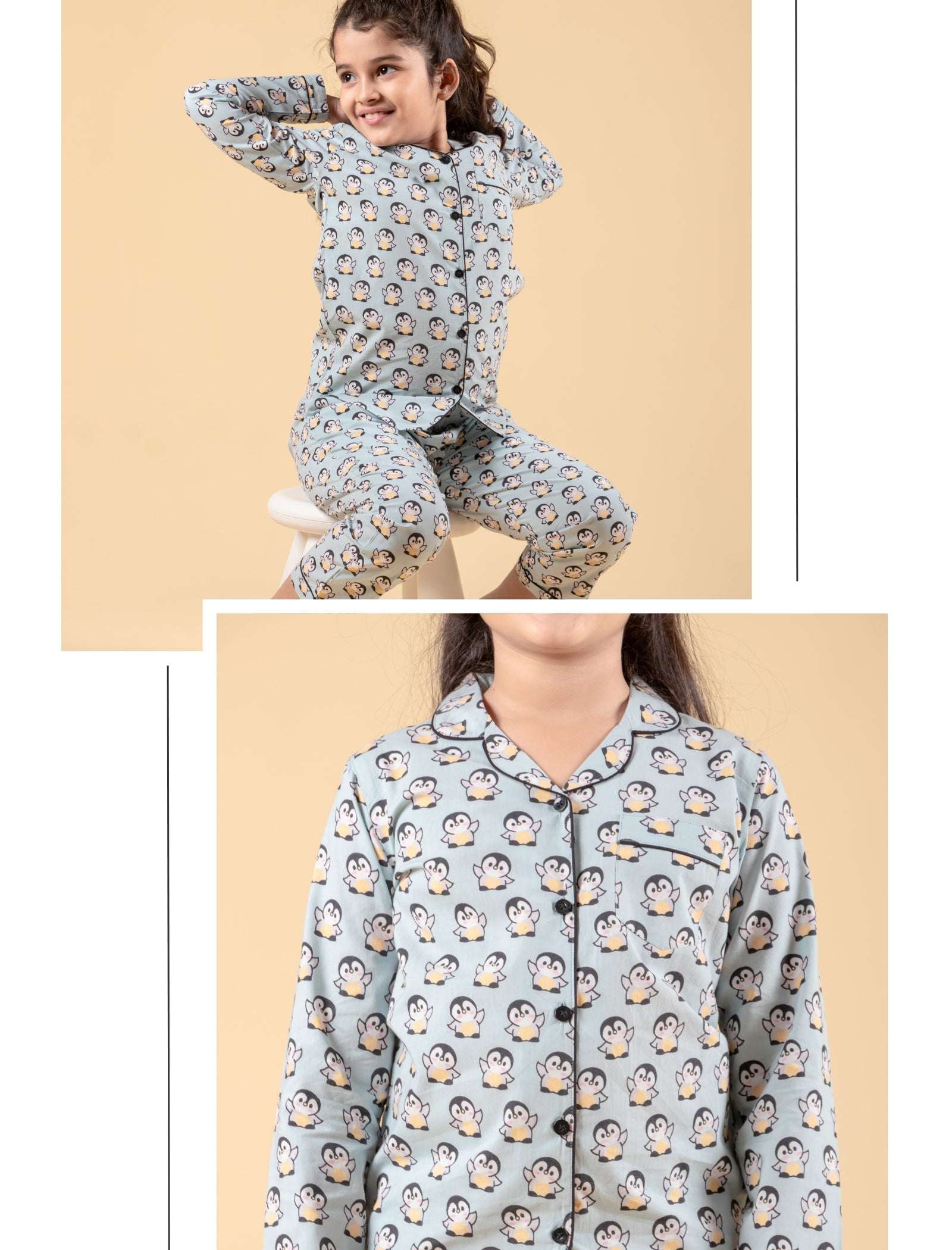 Penguin Printed Cotton Sleepwear For Girls Kids Pyjama Set (Full Sleeves, Blue) - Tweeny Mini