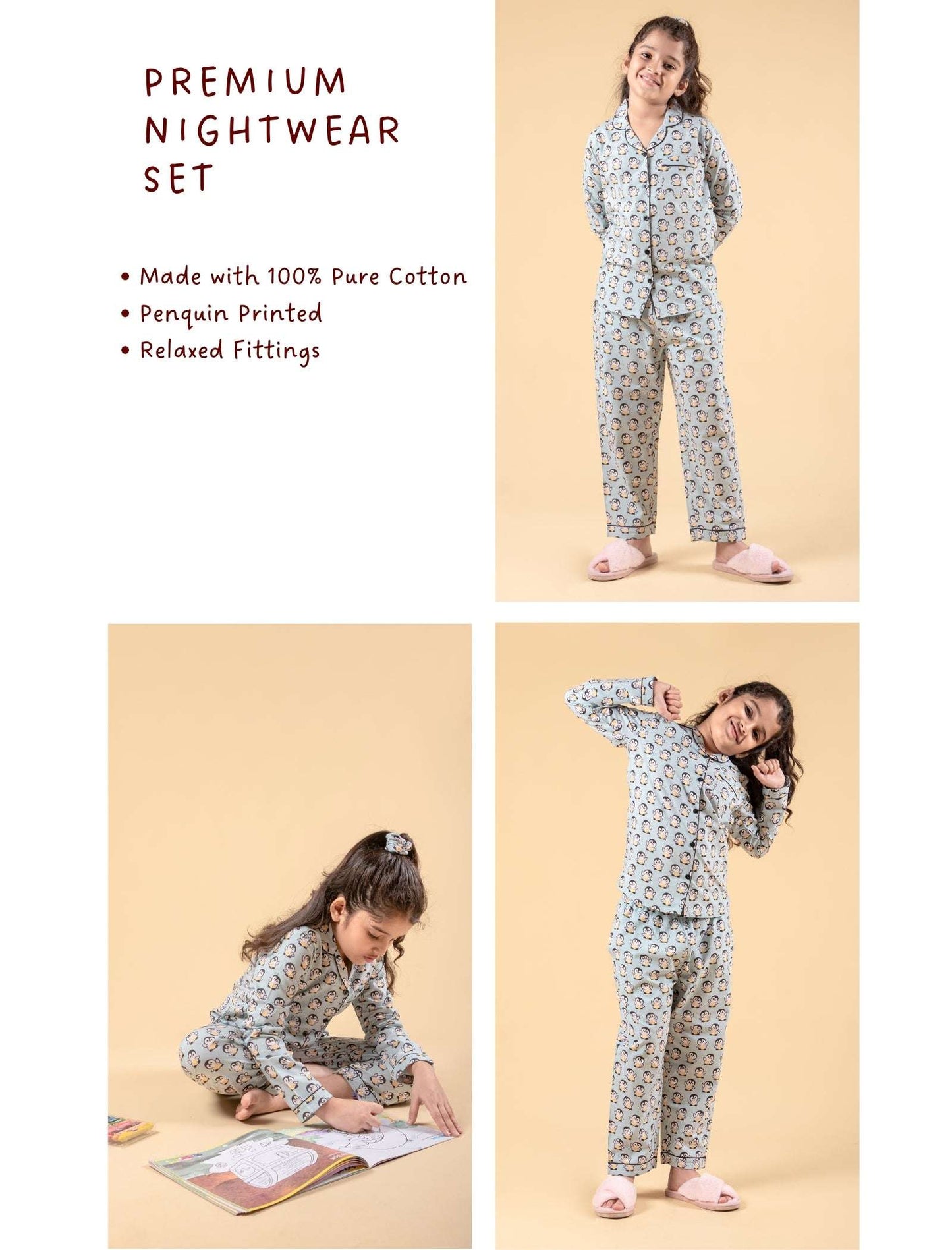 Penguin Printed Cotton Sleepwear For Girls Kids Pyjama Set (Full Sleeves, Blue) - Tweeny Mini