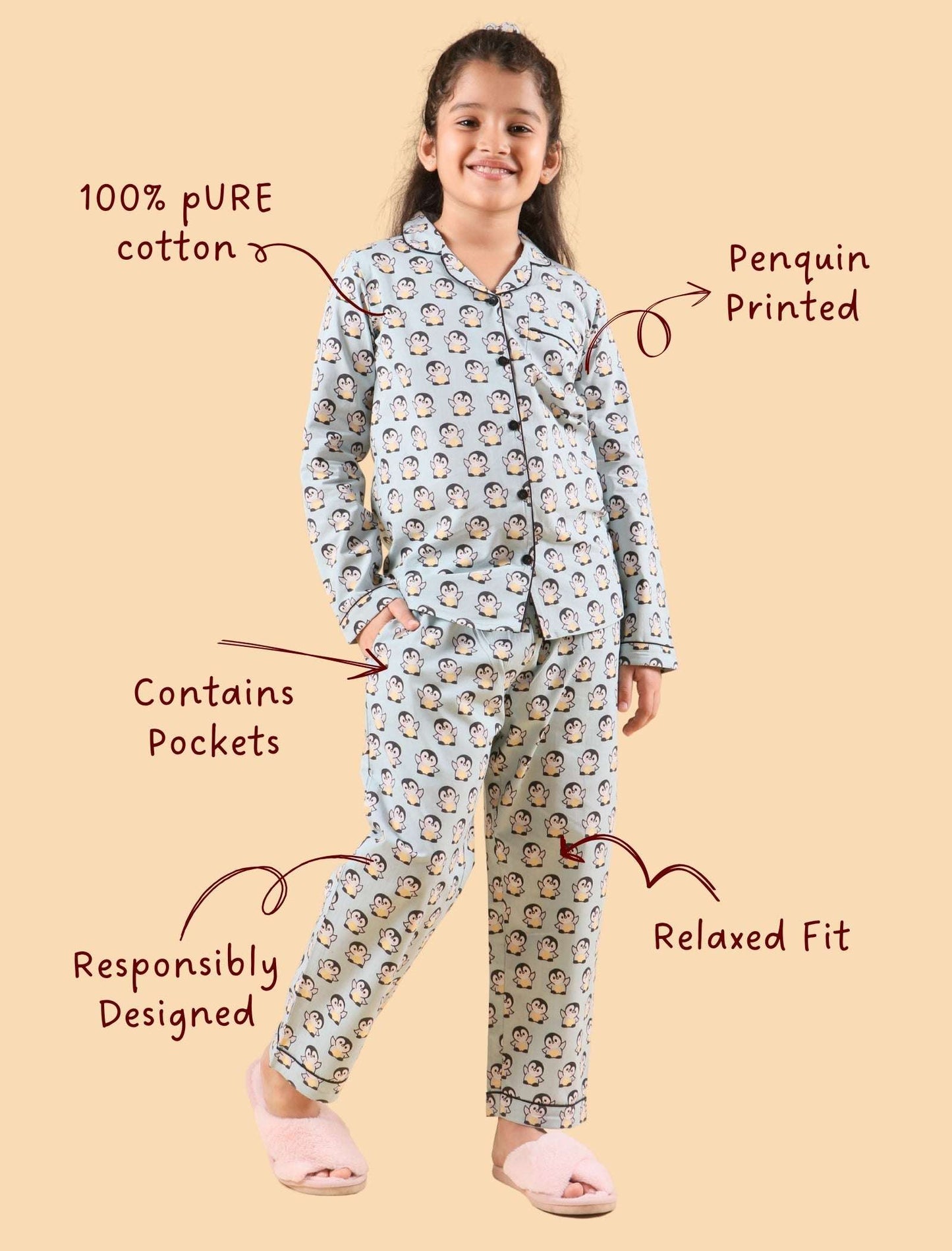 Penguin Printed Cotton Sleepwear For Girls Kids Pyjama Set (Full Sleeves, Blue) - Tweeny Mini