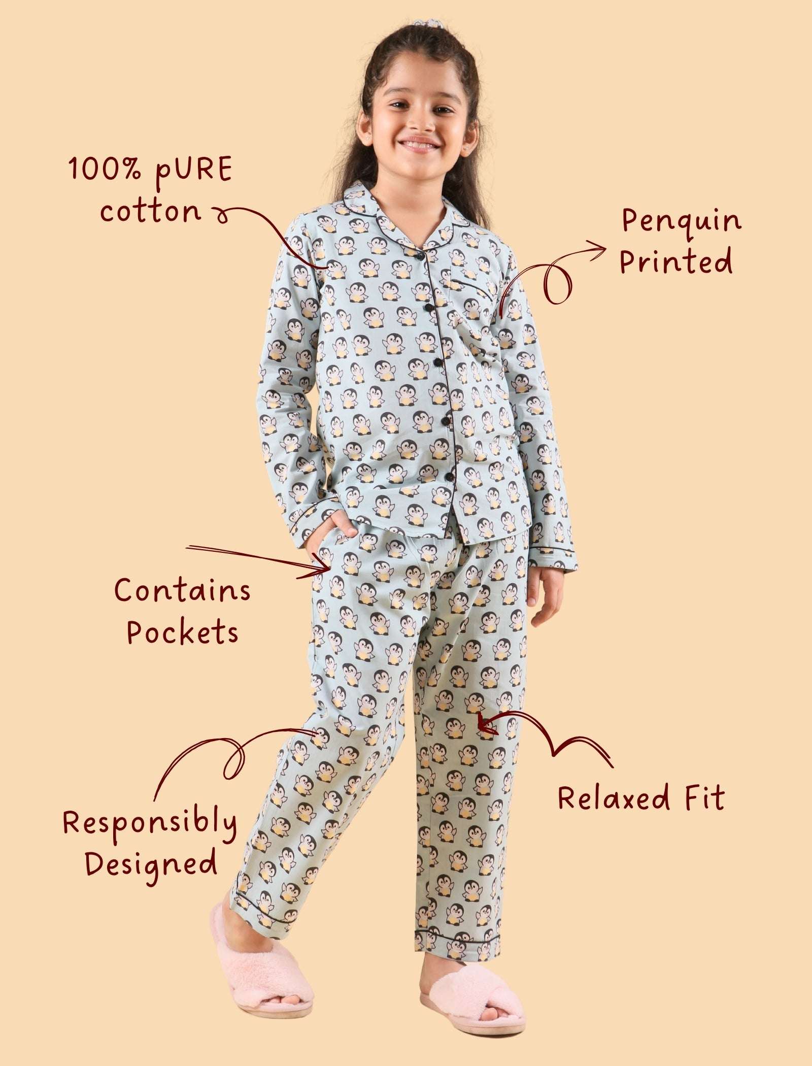 Penguin Printed Cotton Sleepwear For Girls Kids Pyjama Set (Full Sleeves, Blue) - Tweeny Mini