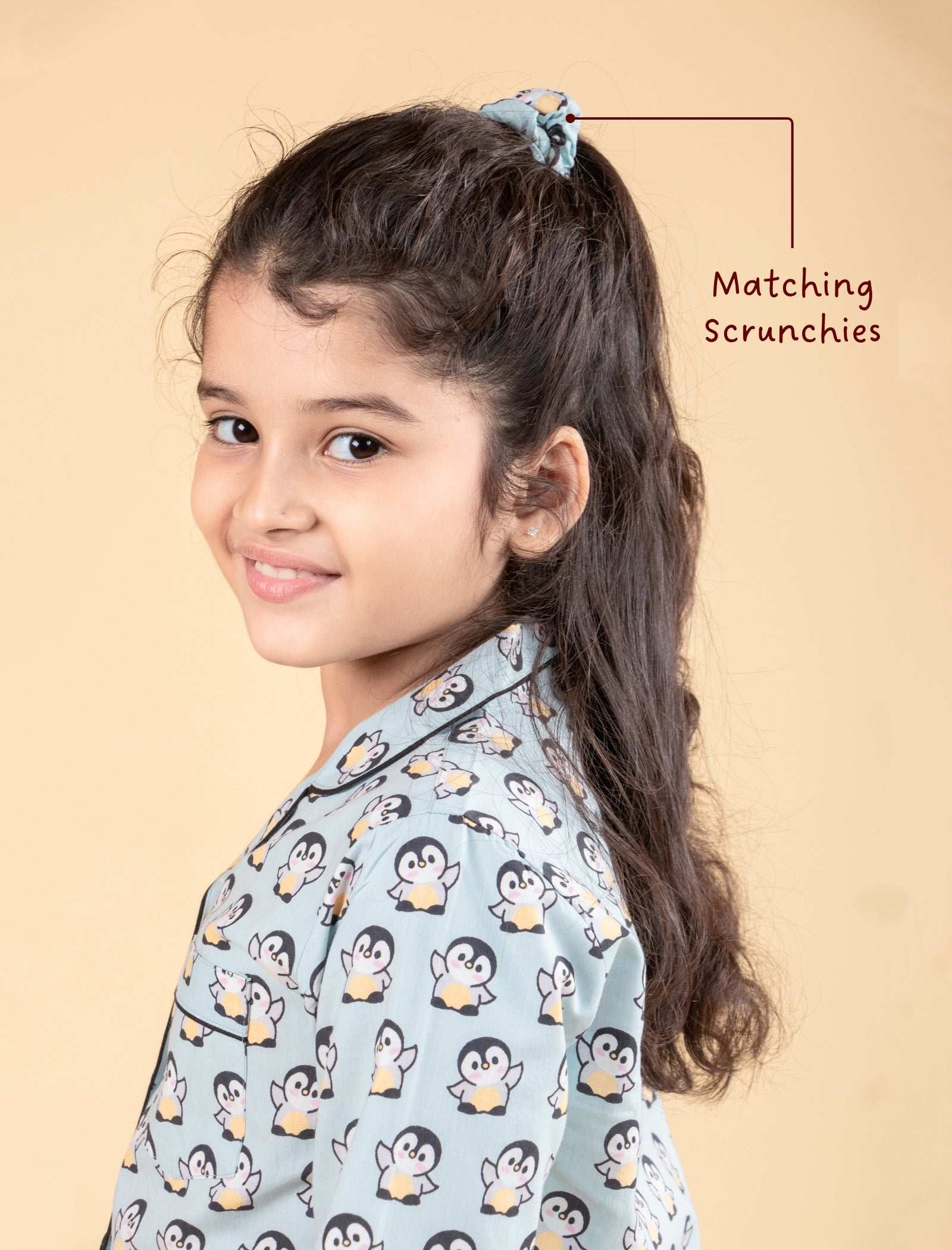 Penguin Printed Cotton Sleepwear For Girls Kids Pyjama Set (Full Sleeves, Blue) - Tweeny Mini