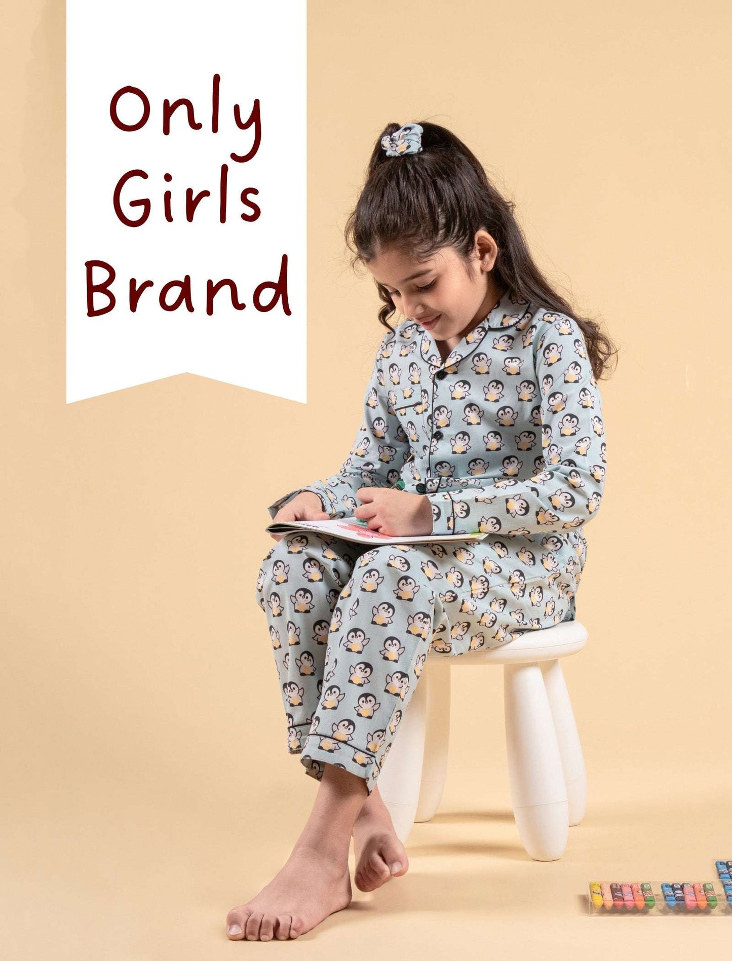 Penguin Printed Cotton Sleepwear For Girls Kids Pyjama Set (Full Sleeves, Blue) - Tweeny Mini