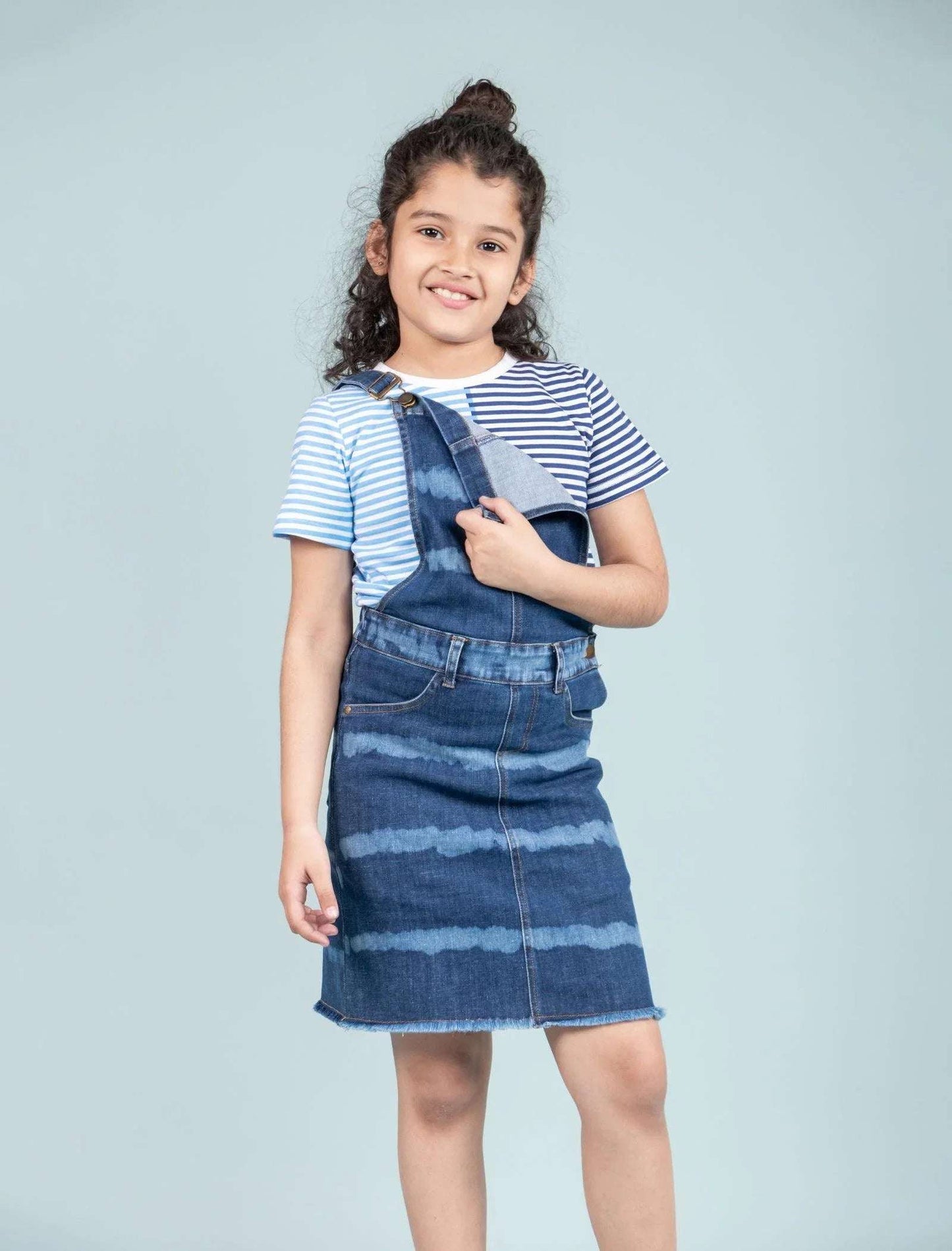 Girls Kids Tie Dye Denim Dungaree Dress (Dark Blue) - Tweeny Mini