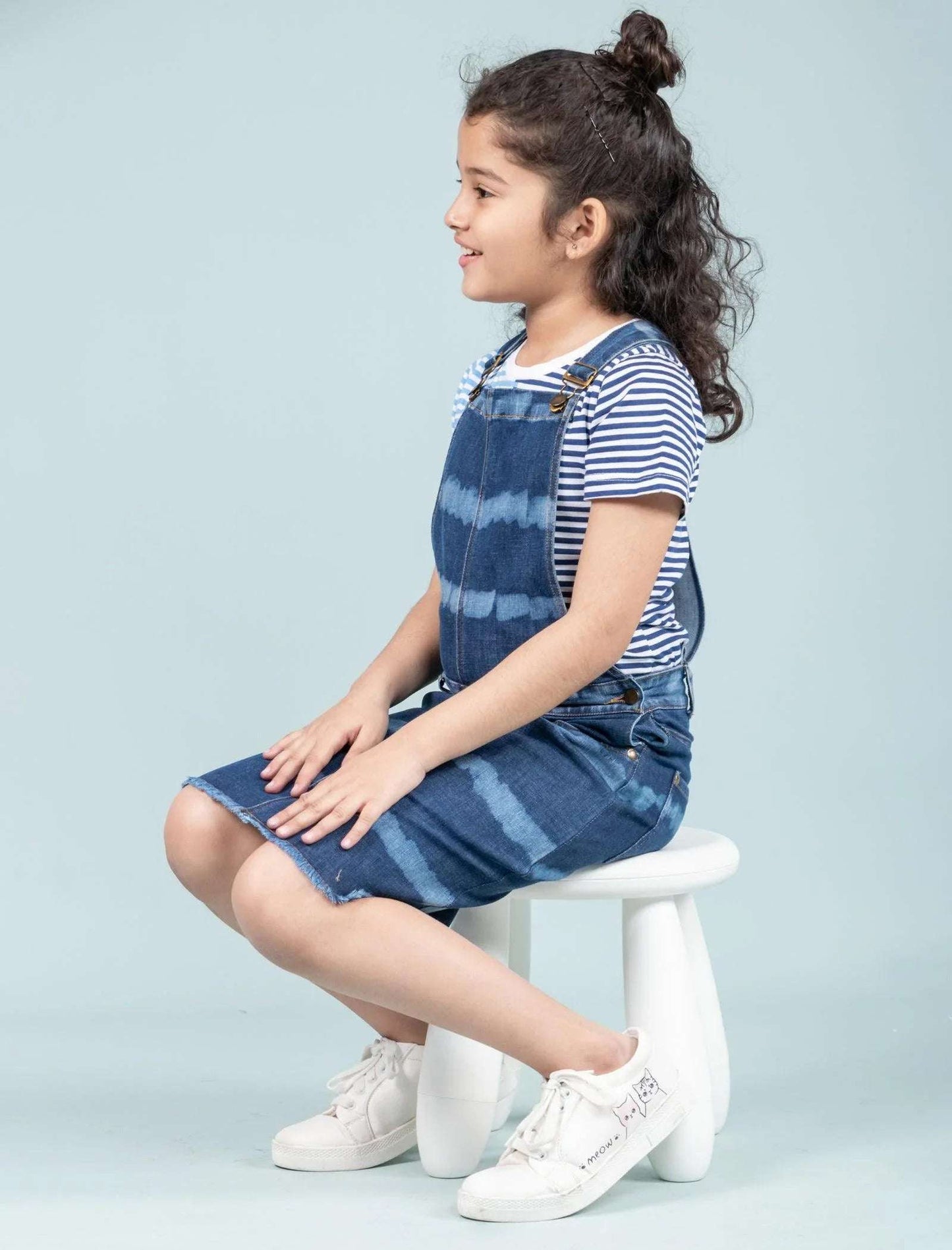 Girls Kids Tie Dye Denim Dungaree Dress (Dark Blue) - Tweeny Mini