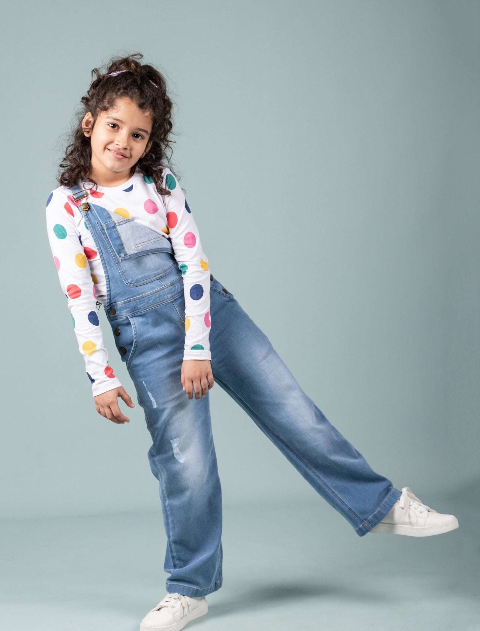 Girls Kids Denim Dungaree with Full Sleeve T-shirt Combo Set (Light Blue) - Tweeny Mini
