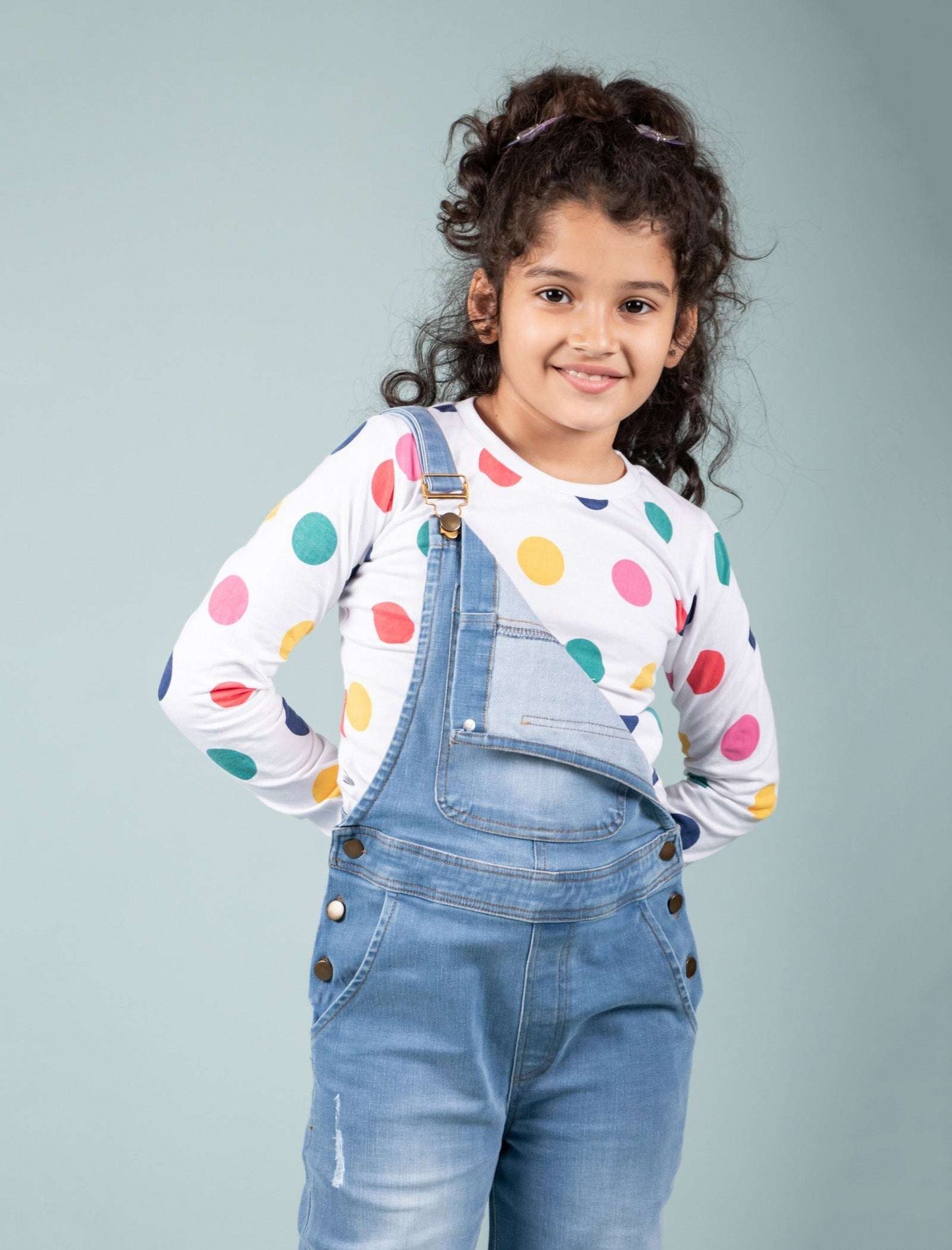 Girls Kids Denim Dungaree with Full Sleeve T-shirt Combo Set (Light Blue) - Tweeny Mini
