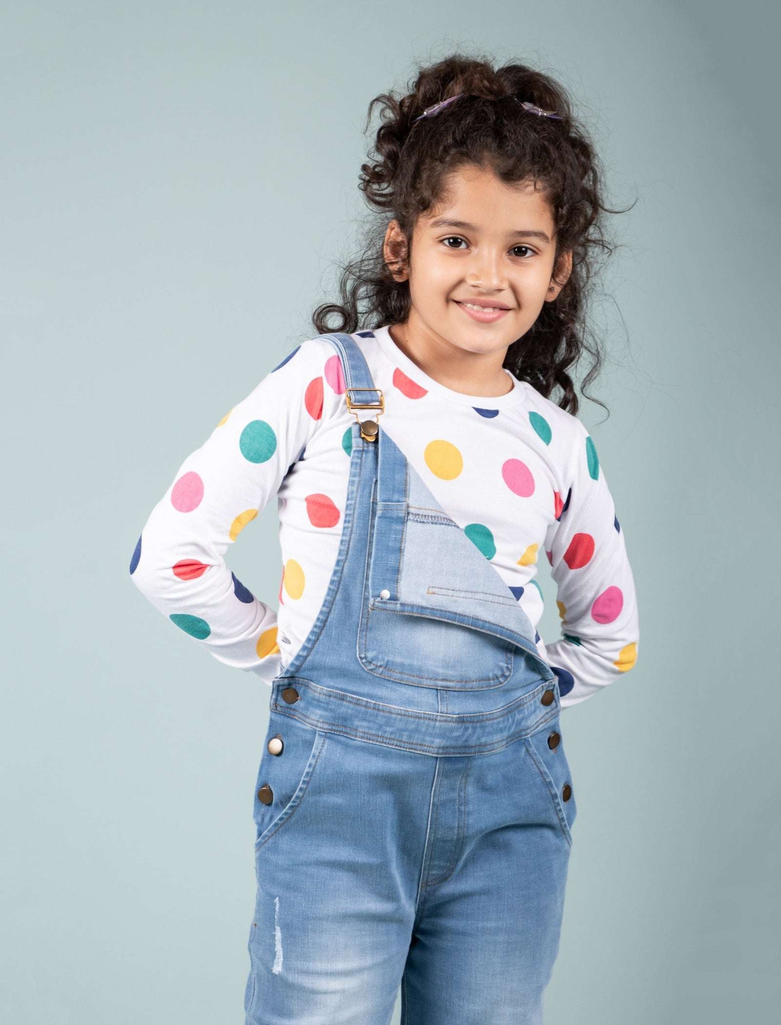 Girls Kids Denim Dungaree with Full Sleeve T-shirt Combo Set (Light Blue) - Tweeny Mini