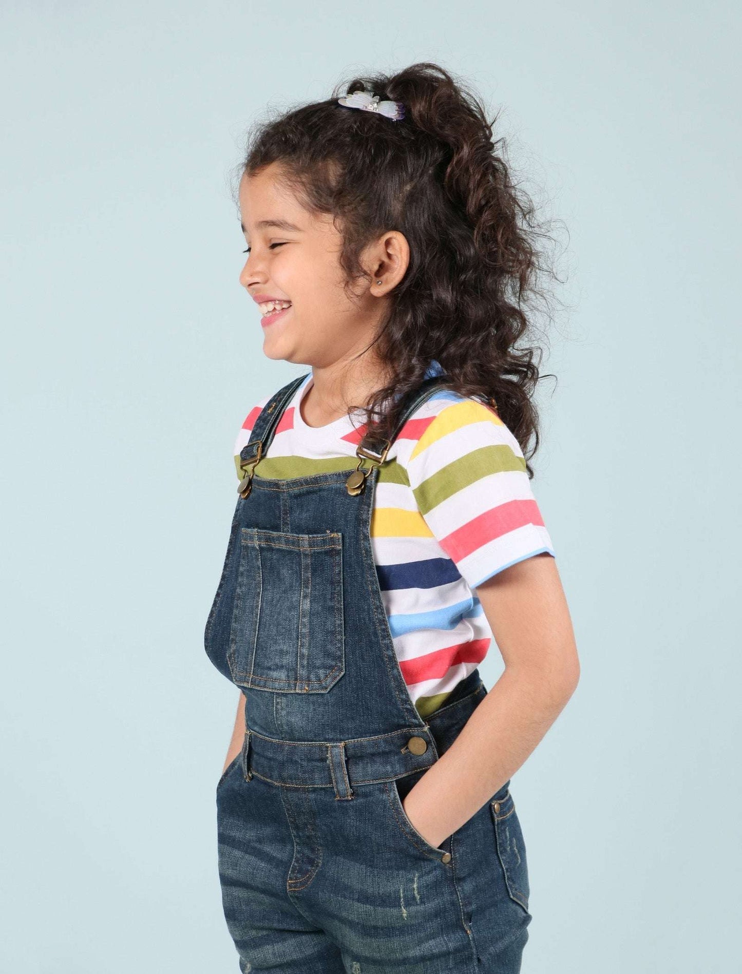 Girls Kids Denim Dungaree Set with Half Sleeve T-Shirt Combo (Dark Blue) - Tweeny Mini
