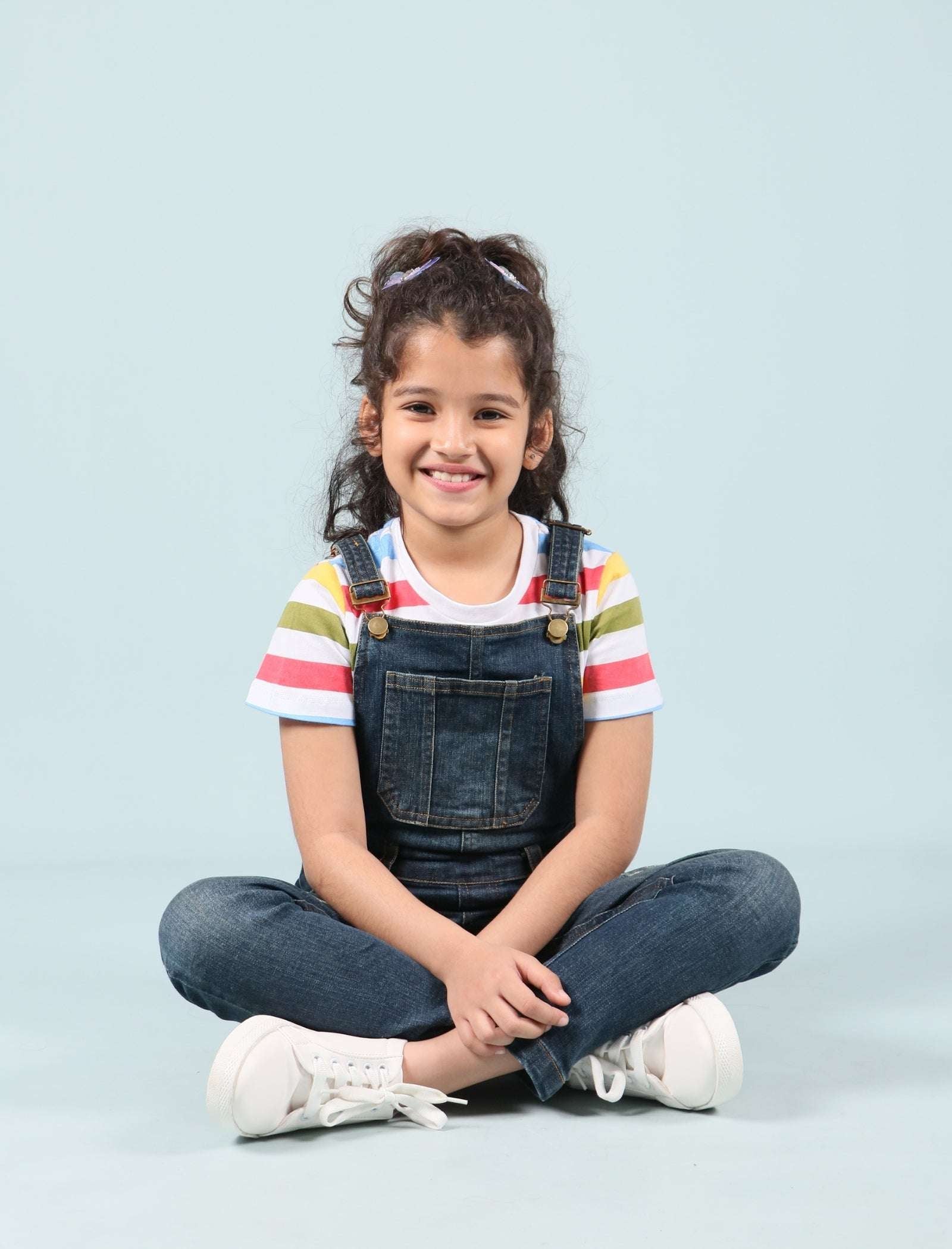 Girls Kids Denim Dungaree Set with Half Sleeve T-Shirt Combo (Dark Blue) - Tweeny Mini