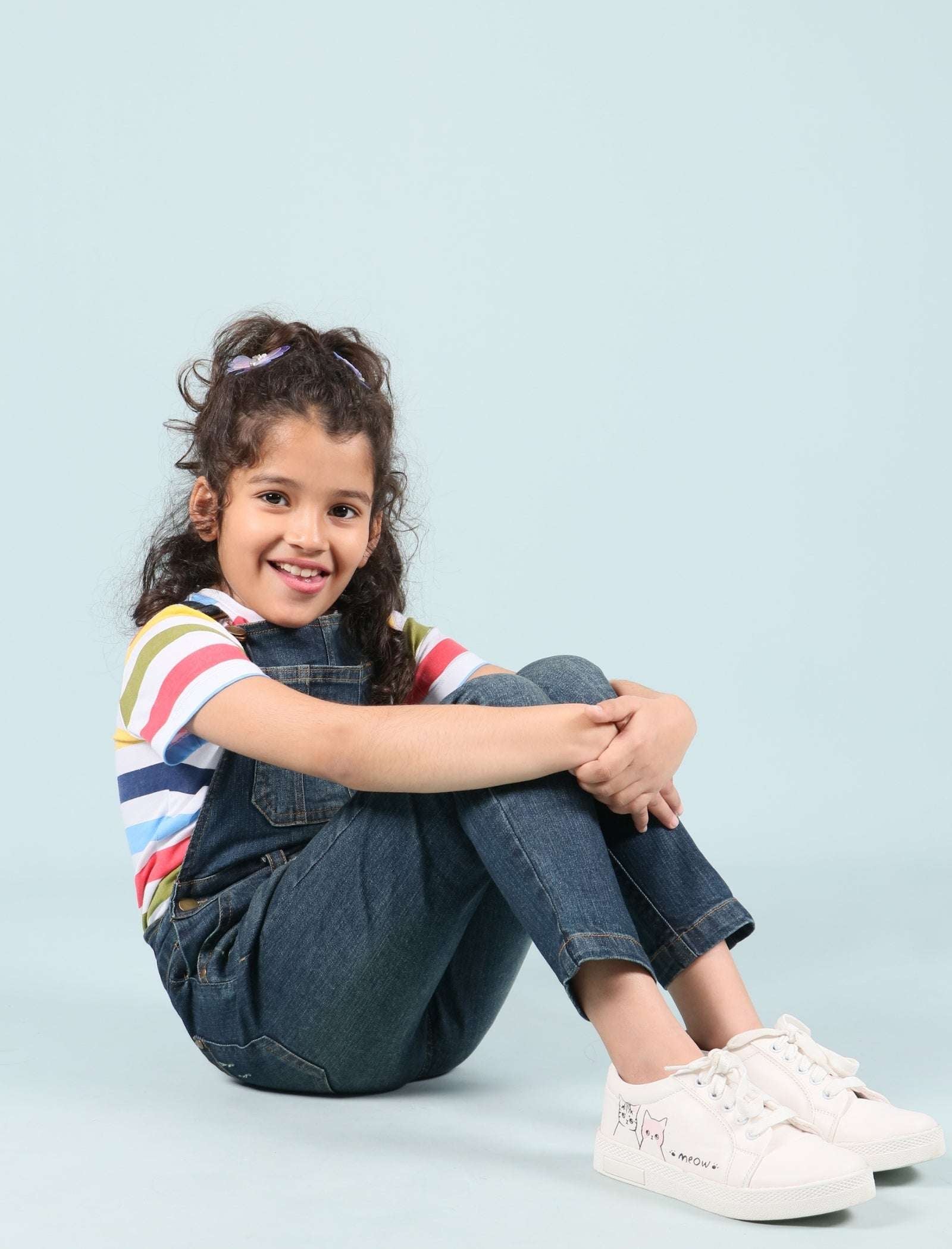 Girls Kids Denim Dungaree Set with Half Sleeve T-Shirt Combo (Dark Blue) - Tweeny Mini