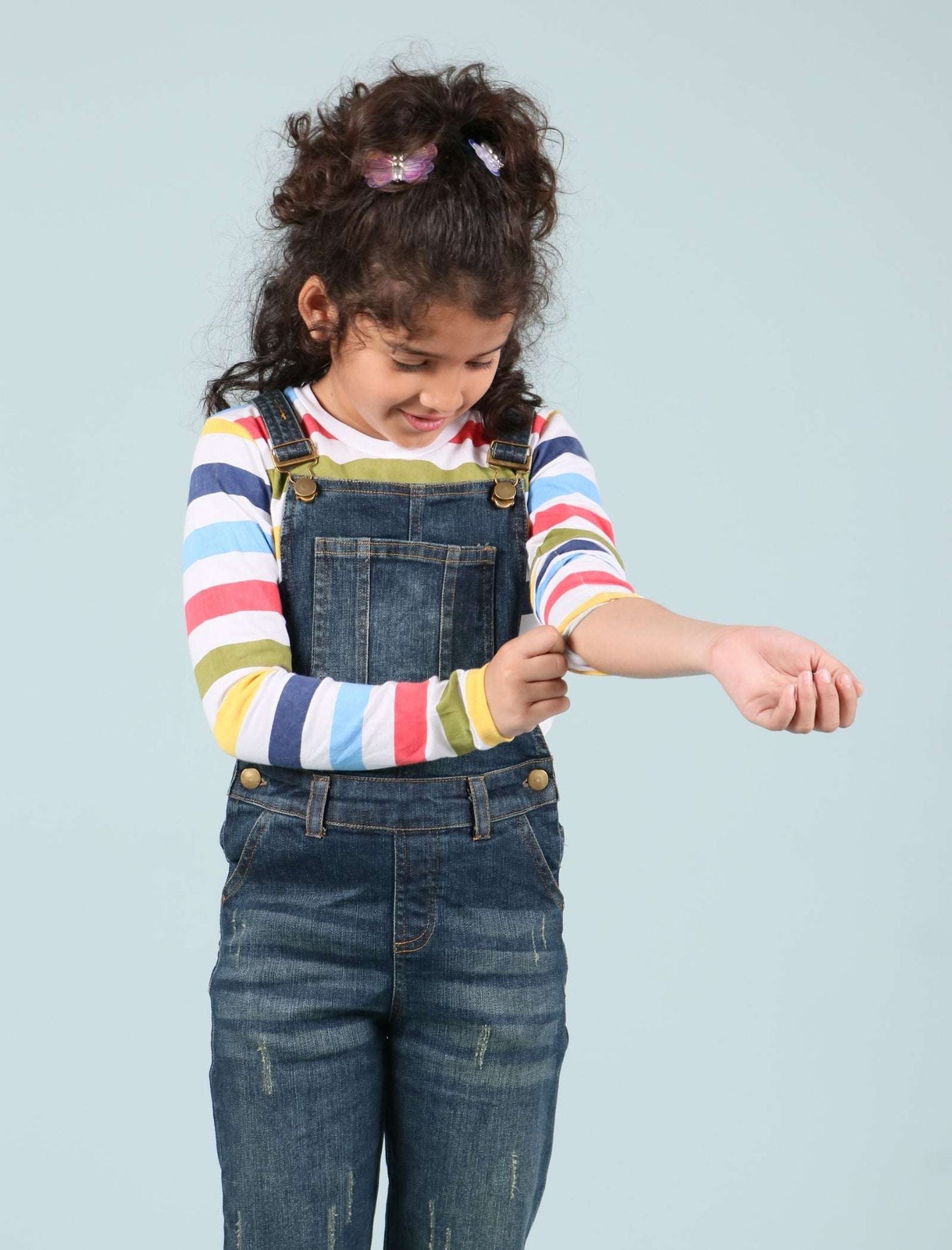 Girls Denim Dungaree with T-Shirt Full Sleeve Combo Set (Dark Blue) - Tweeny Mini