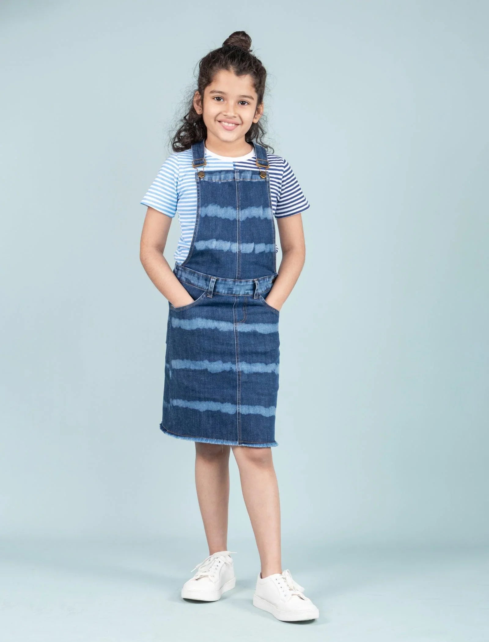 Girls Kids Tie Dye Denim Dungaree Dress (Dark Blue) - Tweeny Mini