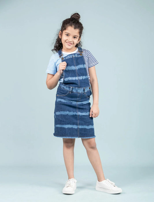Girls Kids Tie Dye Denim Dungaree Dress (Dark Blue) - Tweeny Mini