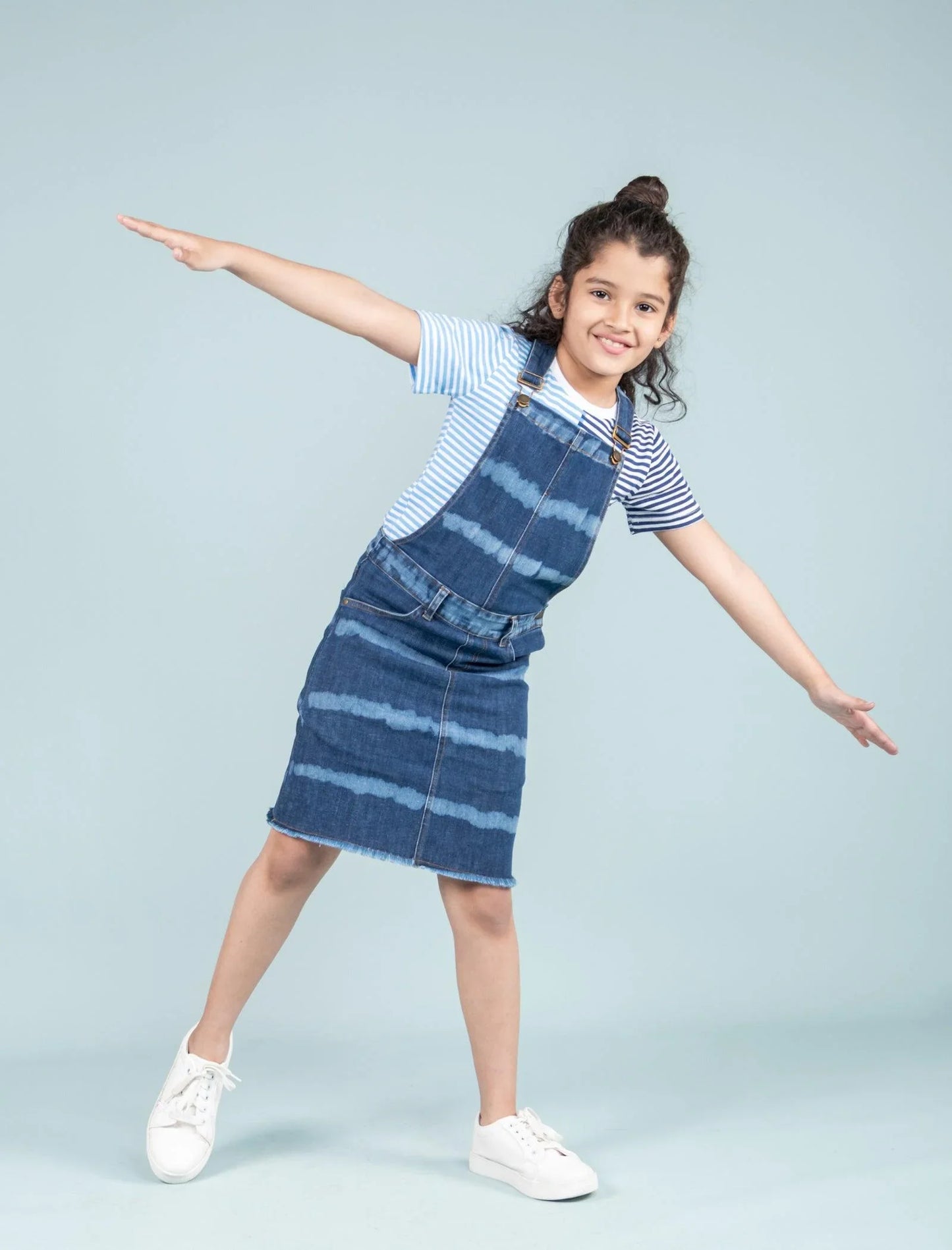 Girls Kids Tie Dye Denim Dungaree Dress (Dark Blue) - Tweeny Mini
