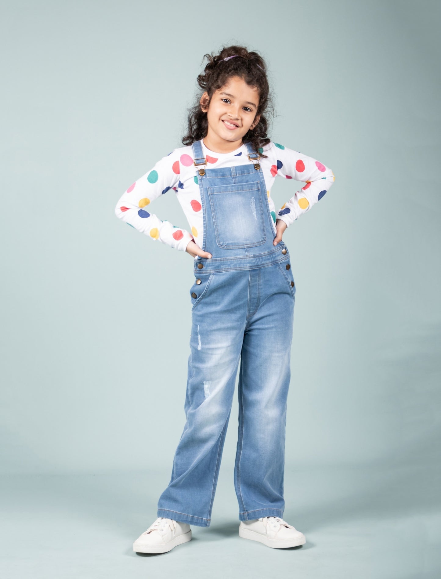 Girls Kids Denim Dungaree with Full Sleeve T-shirt Combo Set (Light Blue) - Tweeny Mini