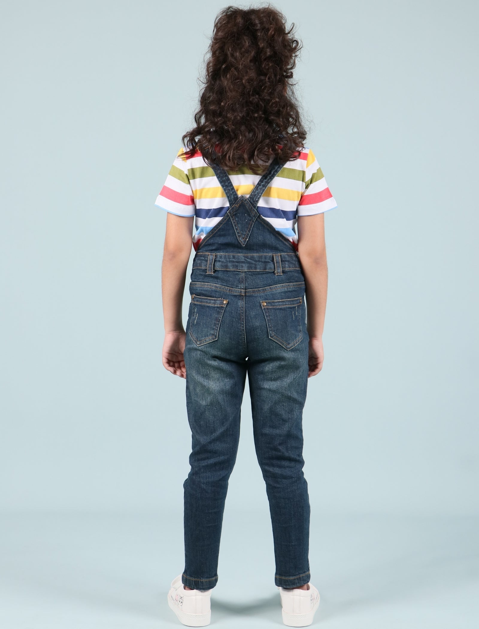 Girls Kids Denim Dungaree Set with Half Sleeve T-Shirt Combo (Dark Blue) - Tweeny Mini