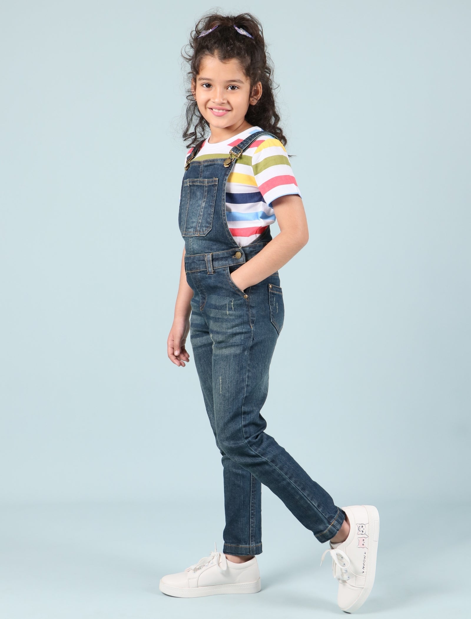 Girls Kids Denim Dungaree Set with Half Sleeve T-Shirt Combo (Dark Blue) - Tweeny Mini