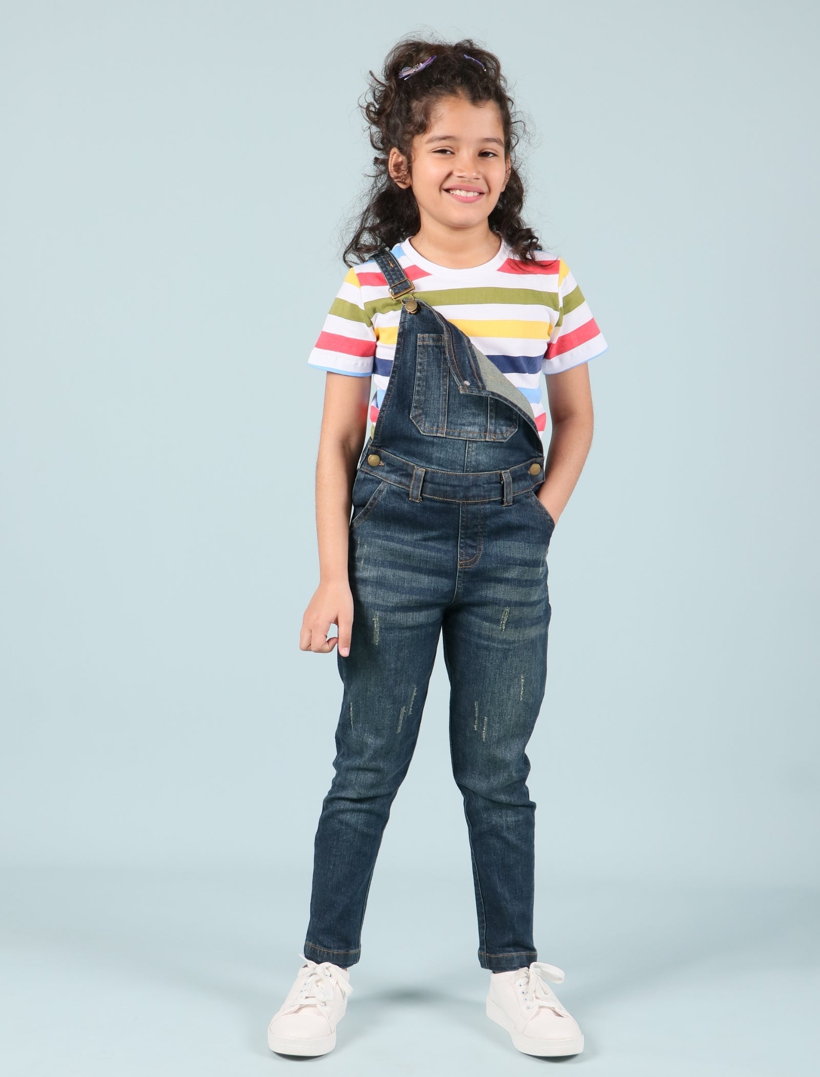 Girls Kids Denim Dungaree Set with Half Sleeve T-Shirt Combo (Dark Blue) - Tweeny Mini