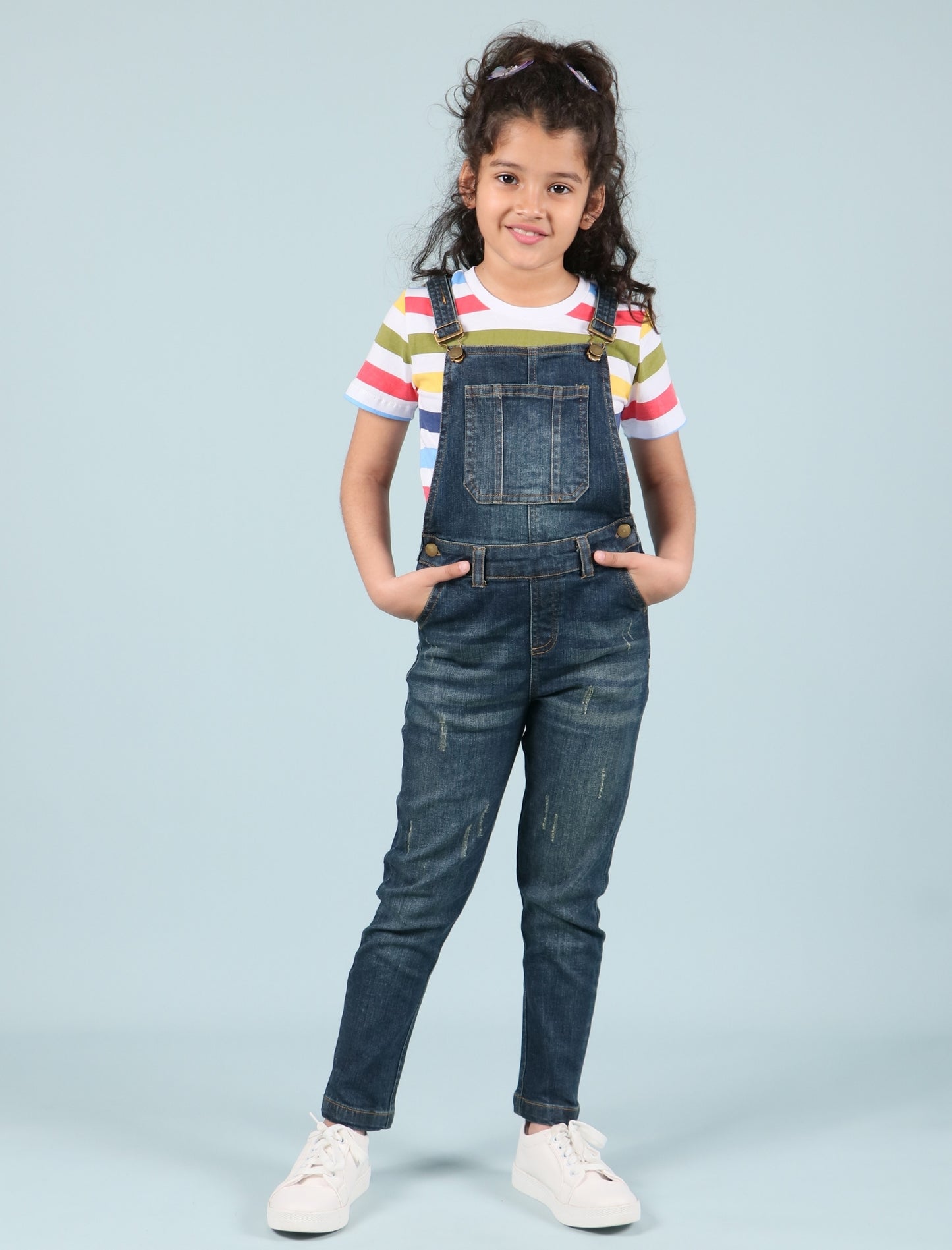 Girls Kids Denim Dungaree Set with Half Sleeve T-Shirt Combo (Dark Blue) - Tweeny Mini