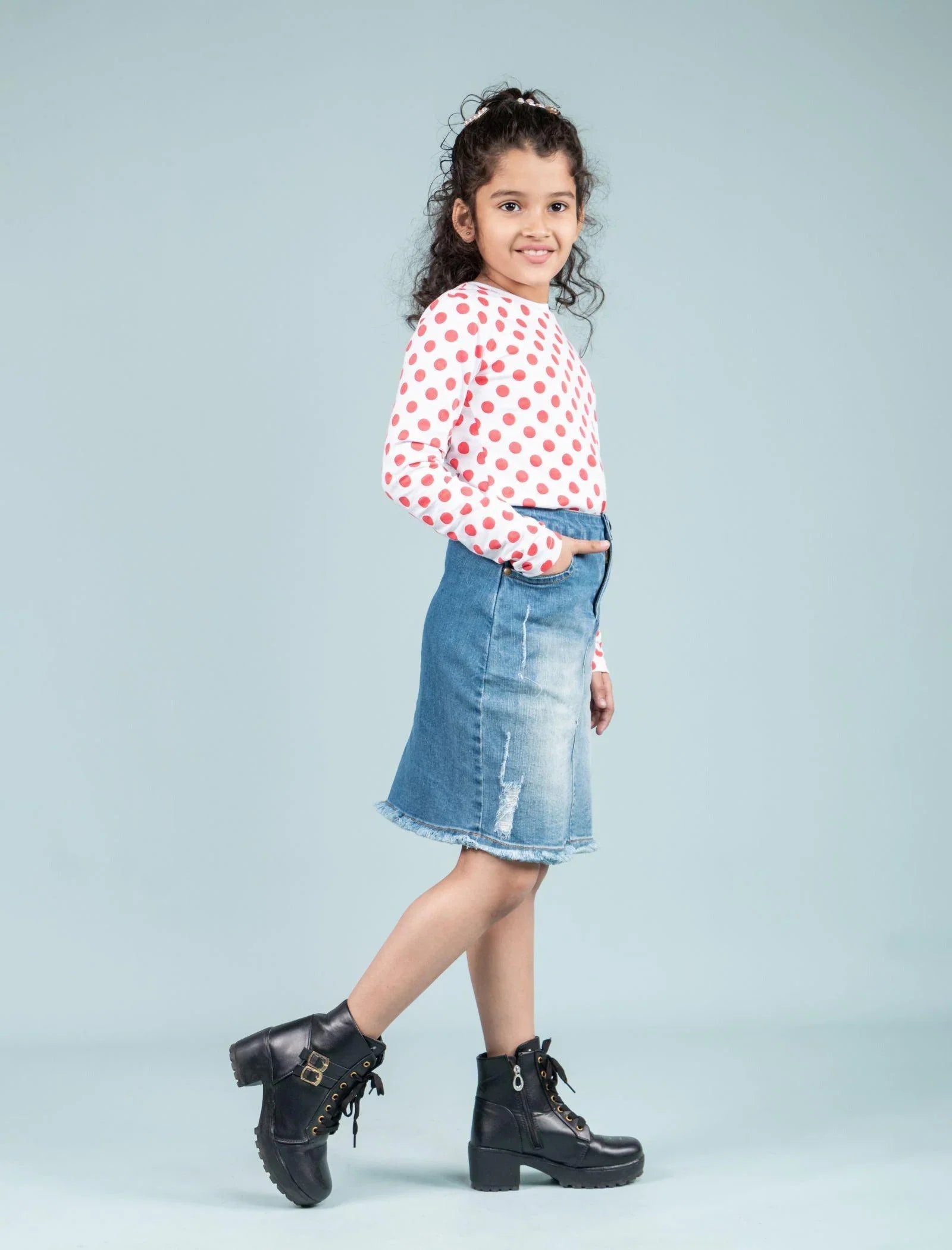 All Season Denim Skirt Top for Girls Kids Combo set (Light Blue)