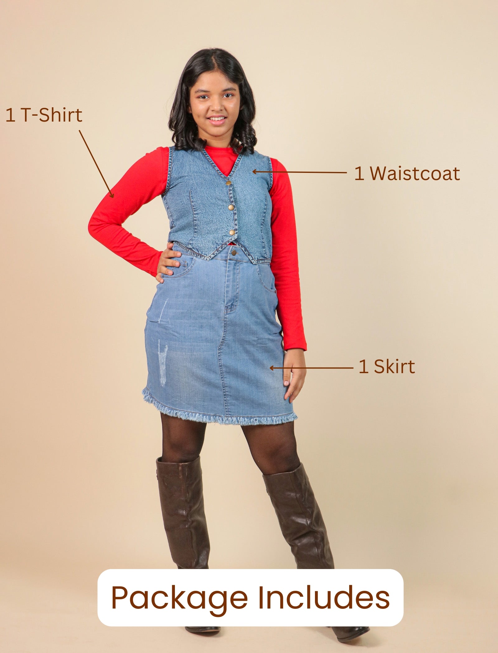 Girls wearing a red t-shirt, denim waistcoat, and skirt with labels pointing to each item on a beige background.