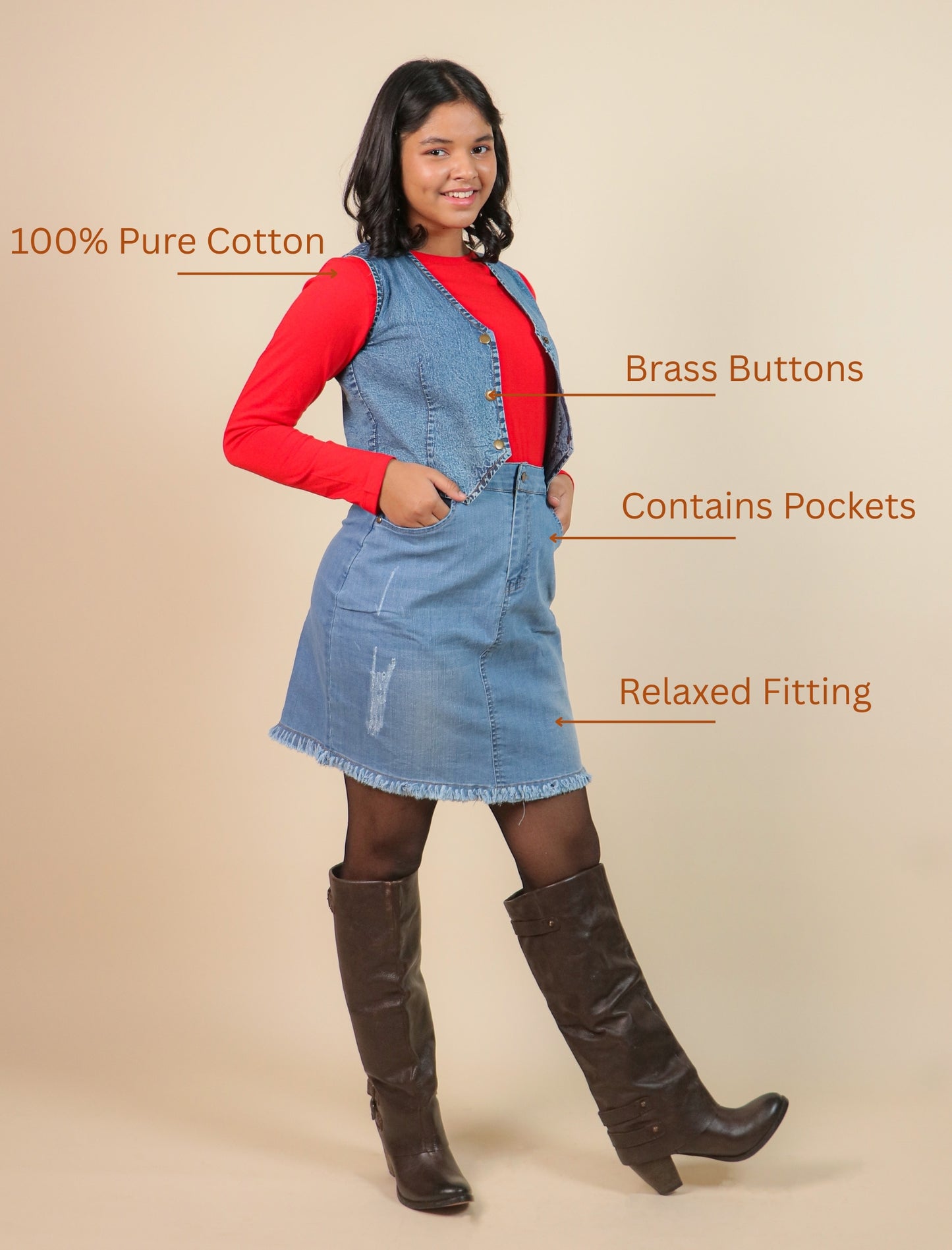 Girls wearing a denim dress with text highlighting features on a beige background