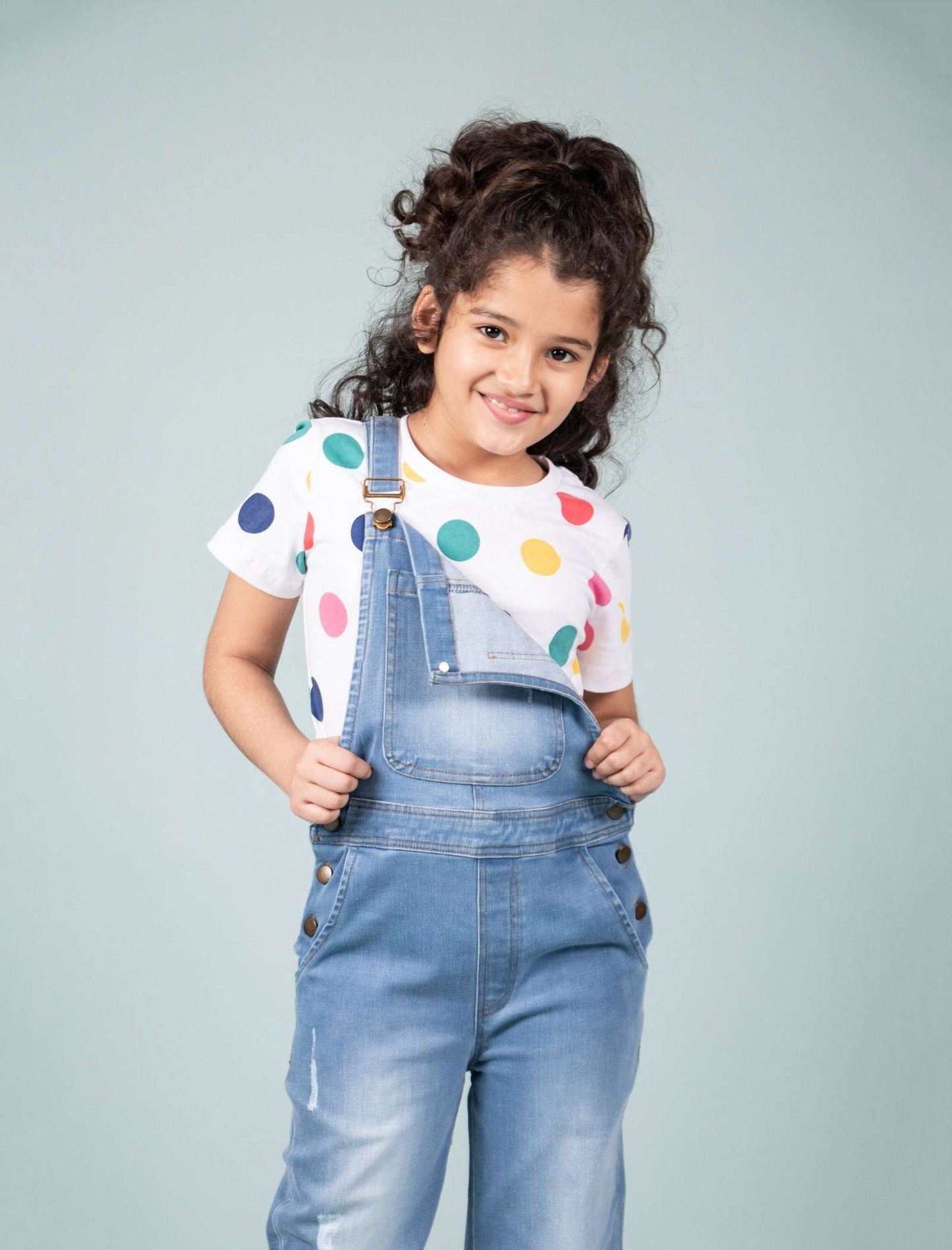 Denim Dungaree for Girls with Half Sleeves T'shirt (Light Blue) - Tweeny Mini