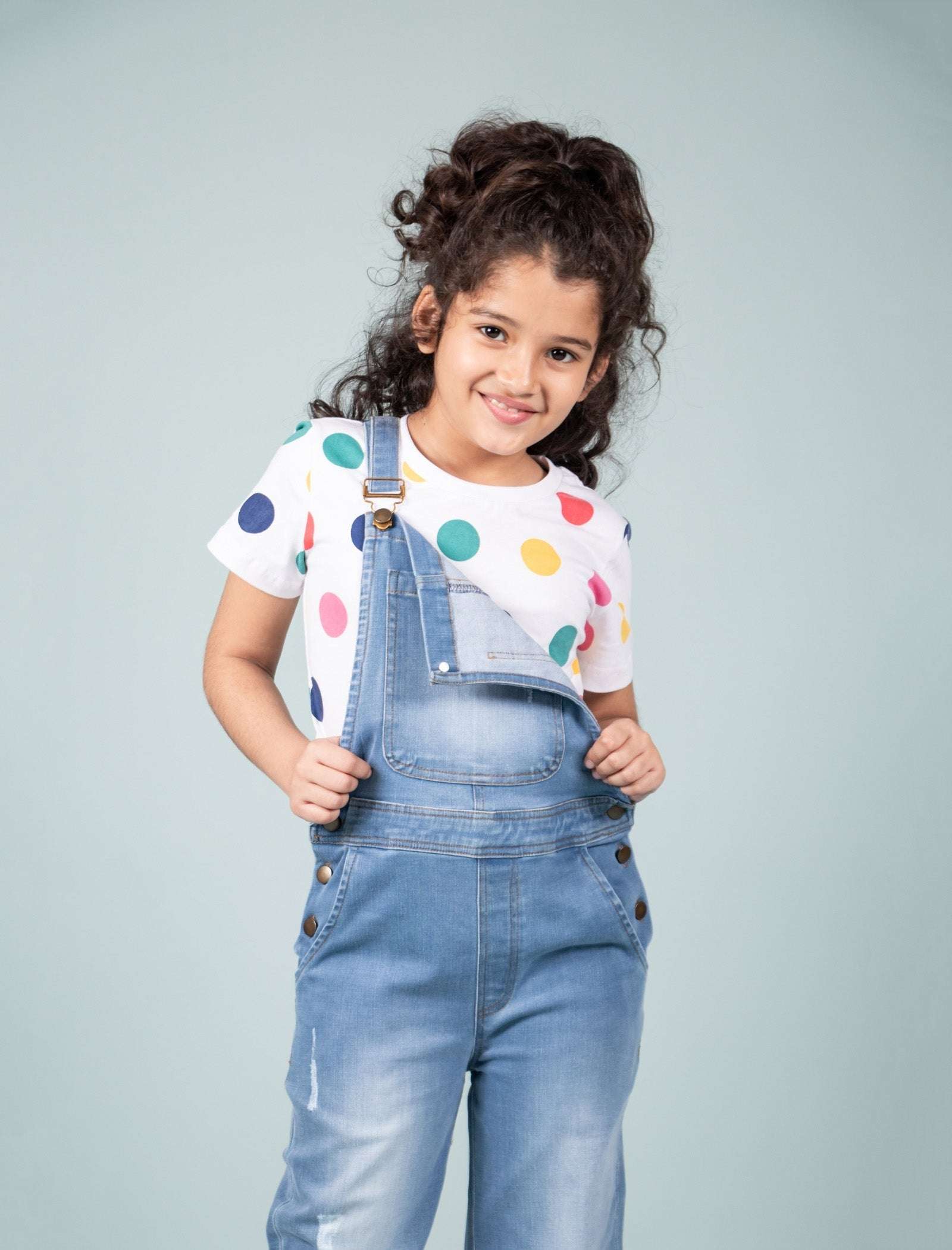 Denim Dungaree for Girls with Half Sleeves T'shirt (Light Blue) - Tweeny Mini