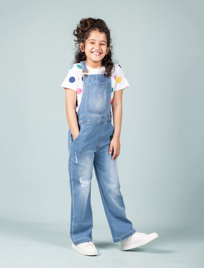Denim Dungaree for Girls with Half Sleeves T'shirt (Light Blue) - Tweeny Mini