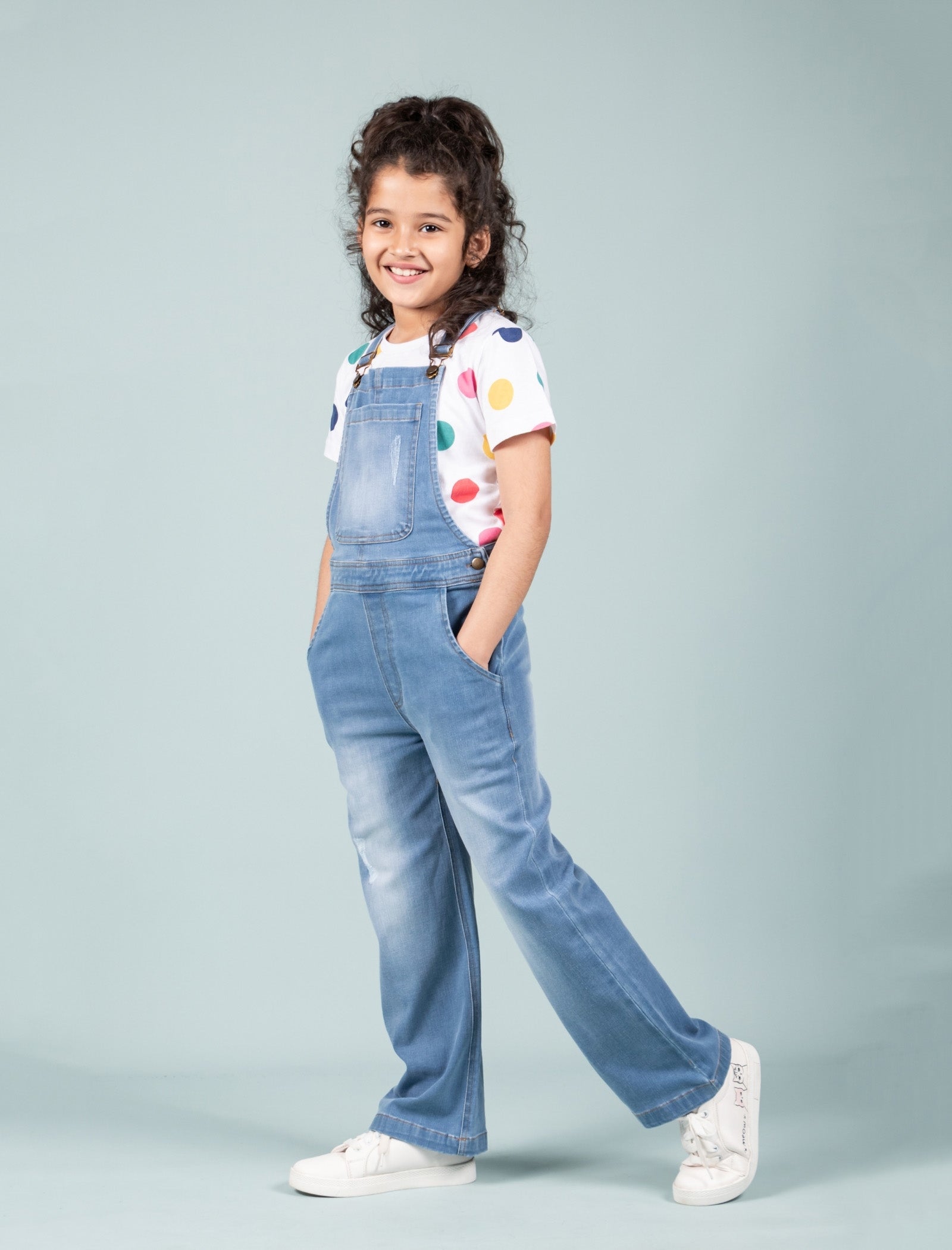 Denim Dungaree for Girls with Half Sleeves T'shirt (Light Blue) - Tweeny Mini