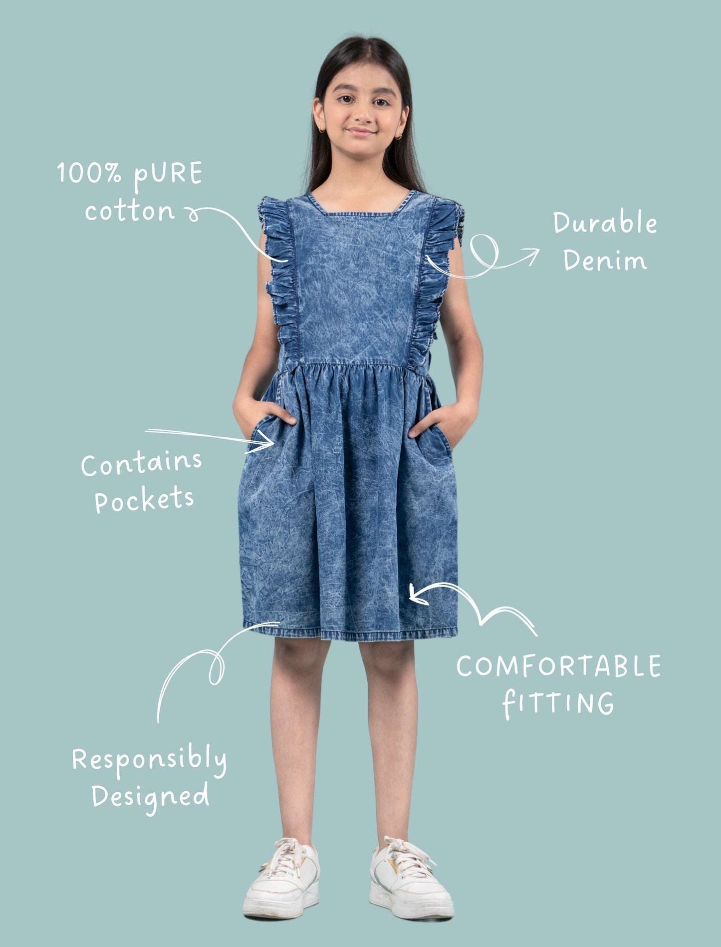 Premium Girls Kids Denim Frill Dress (Dark Blue) - Tweeny Mini