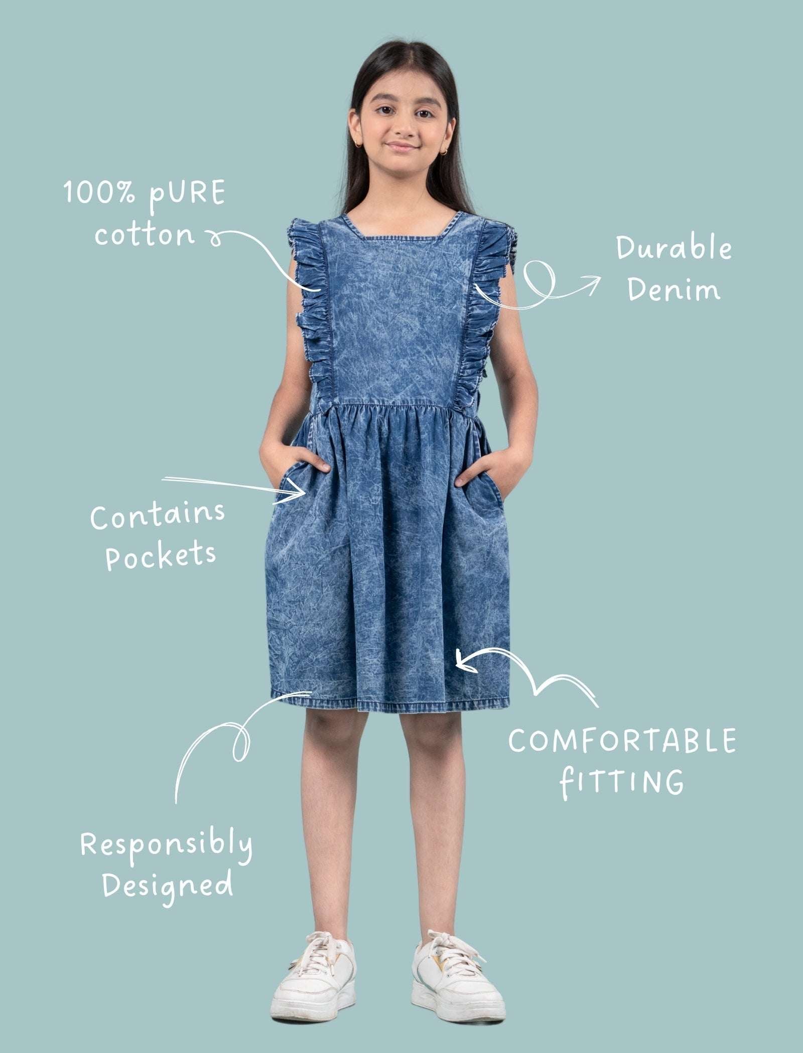 Premium Girls Kids Denim Frill Dress (Dark Blue) - Tweeny Mini