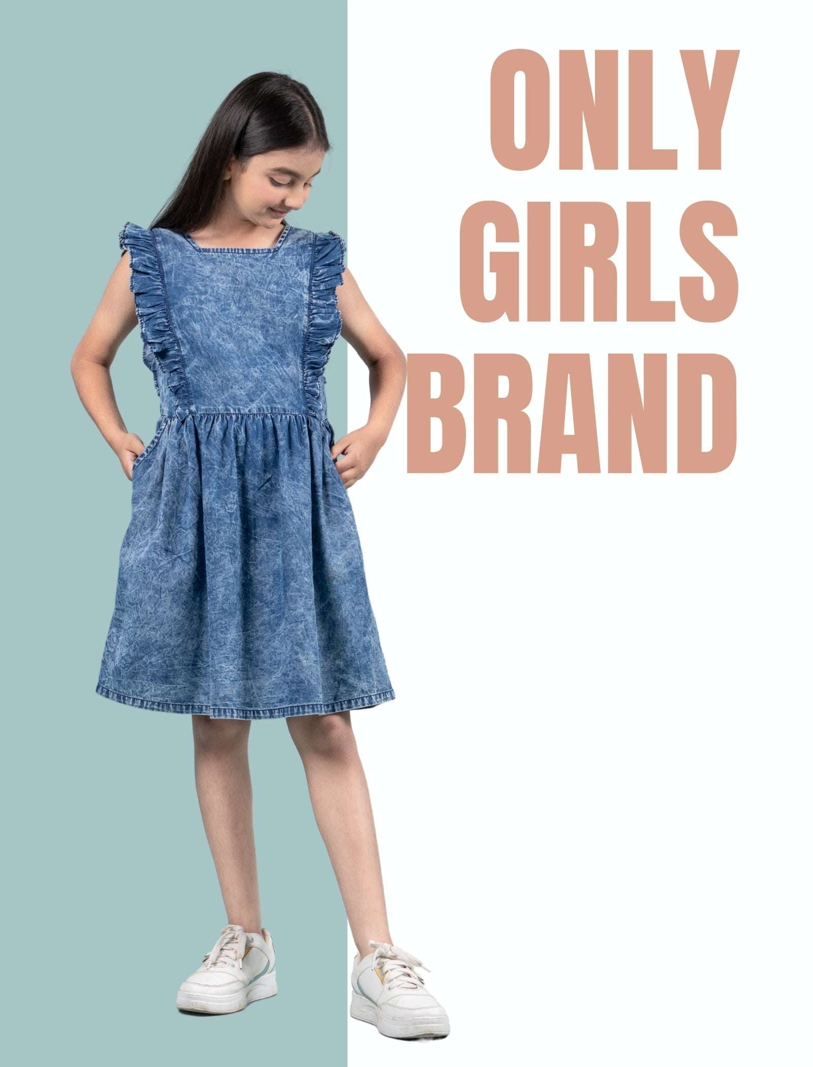 Premium Girls Kids Denim Frill Dress (Dark Blue) - Tweeny Mini